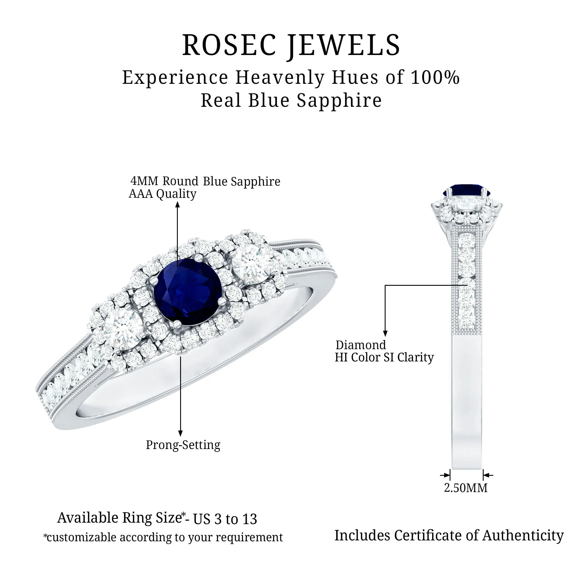 1 CT Vintage Inspired Blue Sapphire Engagement Ring with Diamond