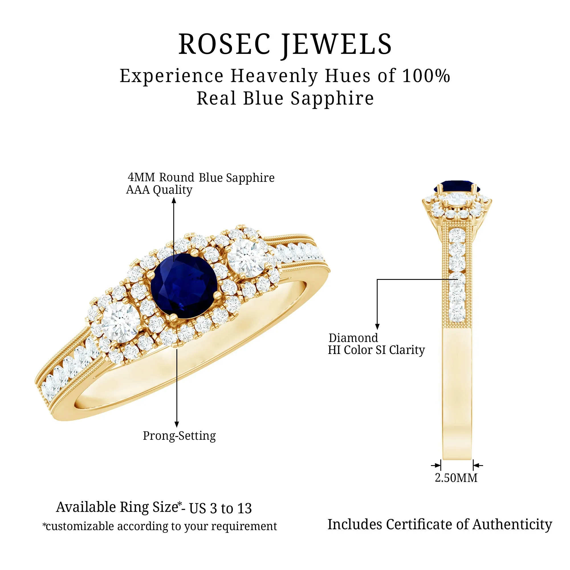 1 CT Vintage Inspired Blue Sapphire Engagement Ring with Diamond