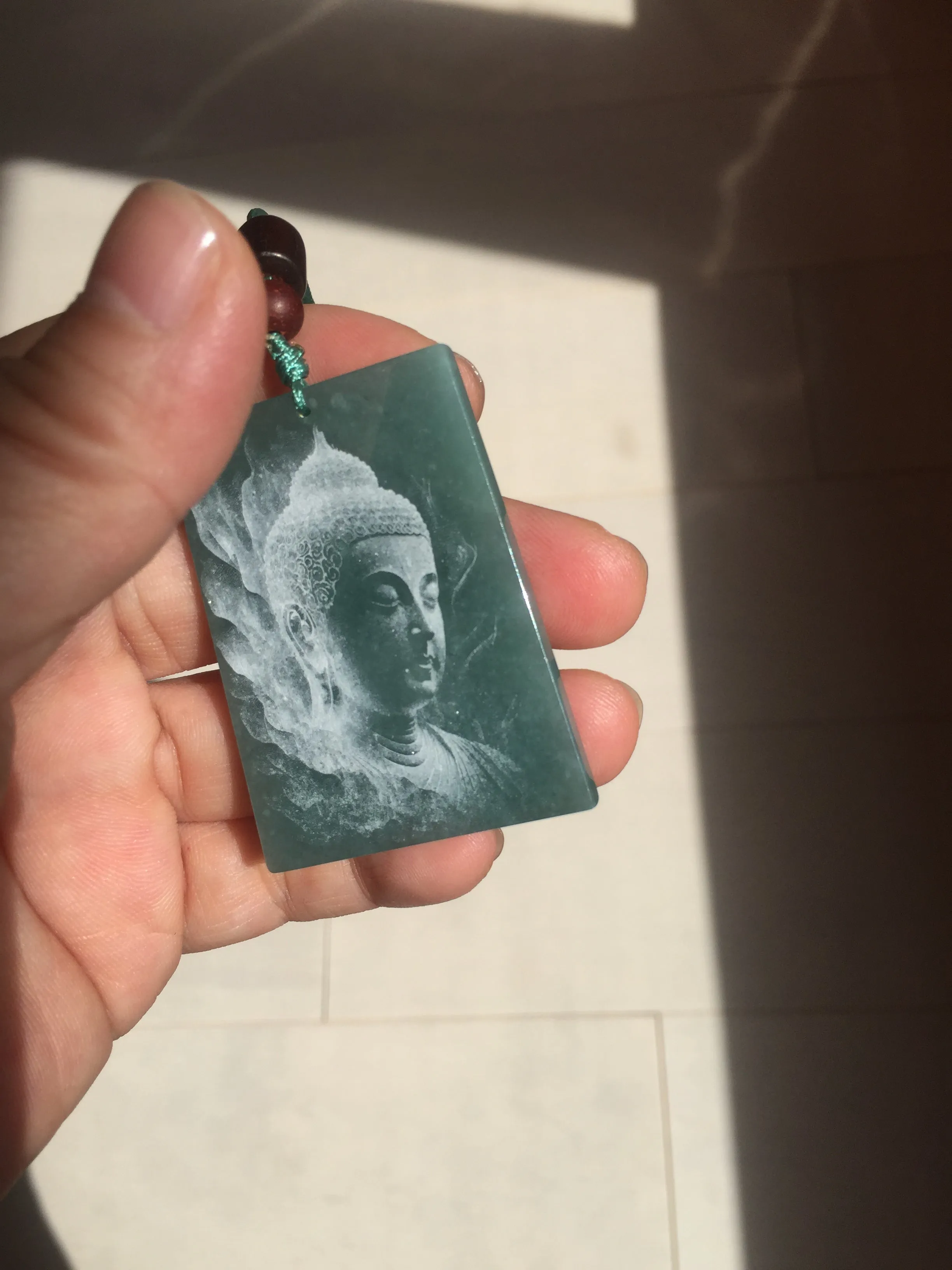 100% Natural type A green/blue/gray Guatemala jadeite Jade shadow carving buddha pendant necklace BP114