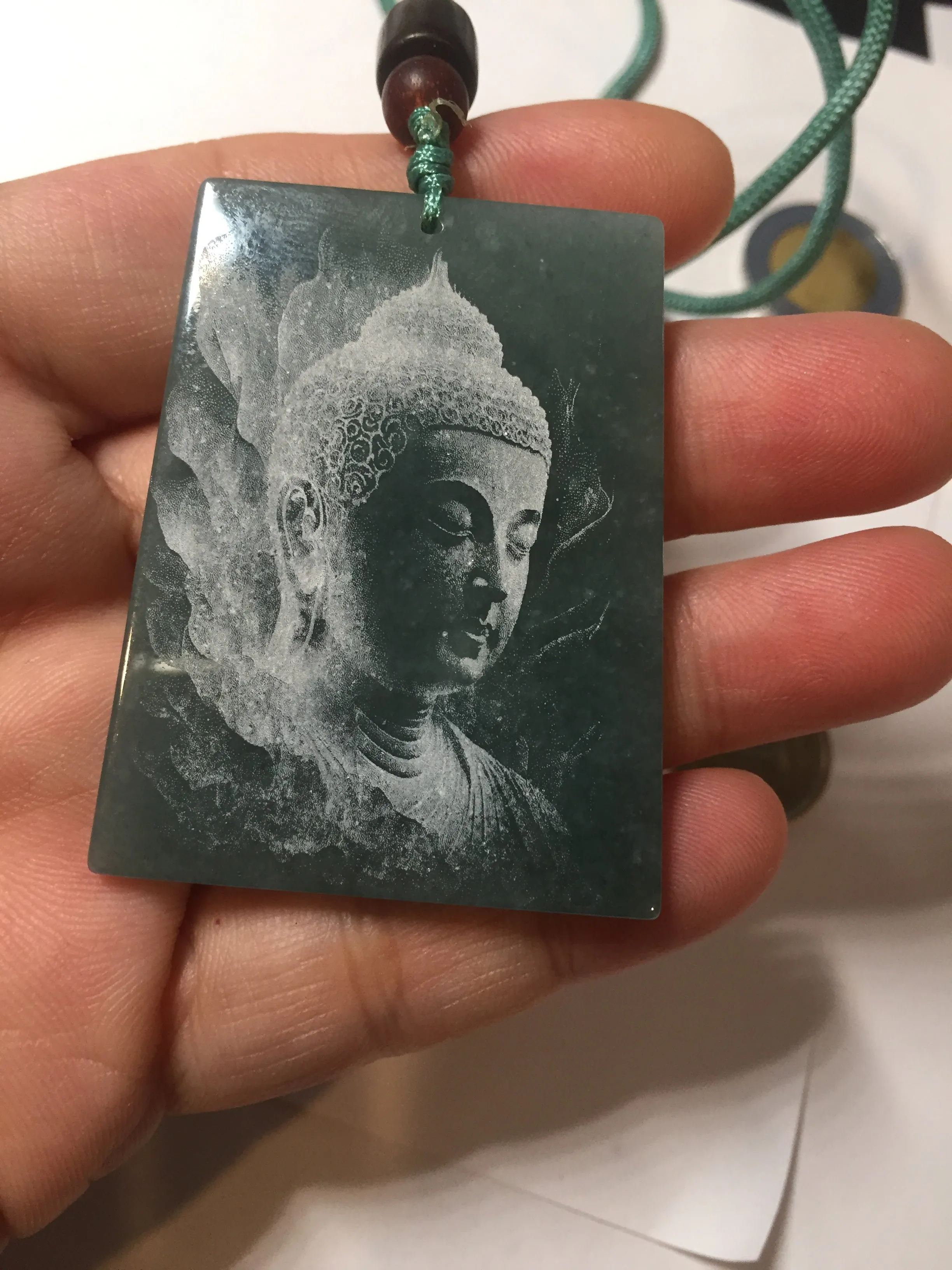 100% Natural type A green/blue/gray Guatemala jadeite Jade shadow carving buddha pendant necklace BP114