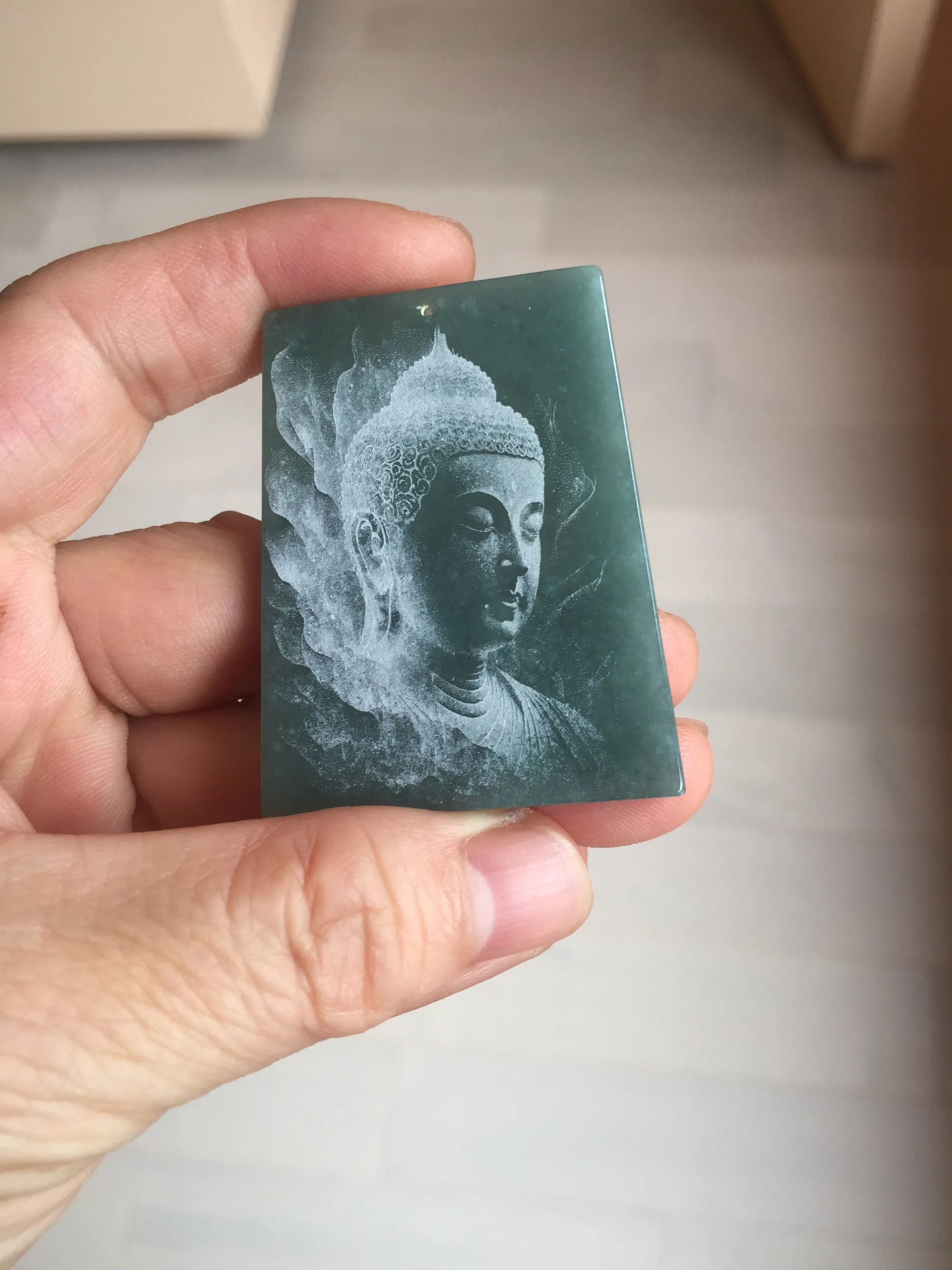 100% Natural type A green/blue/gray Guatemala jadeite Jade shadow carving buddha pendant necklace BP114