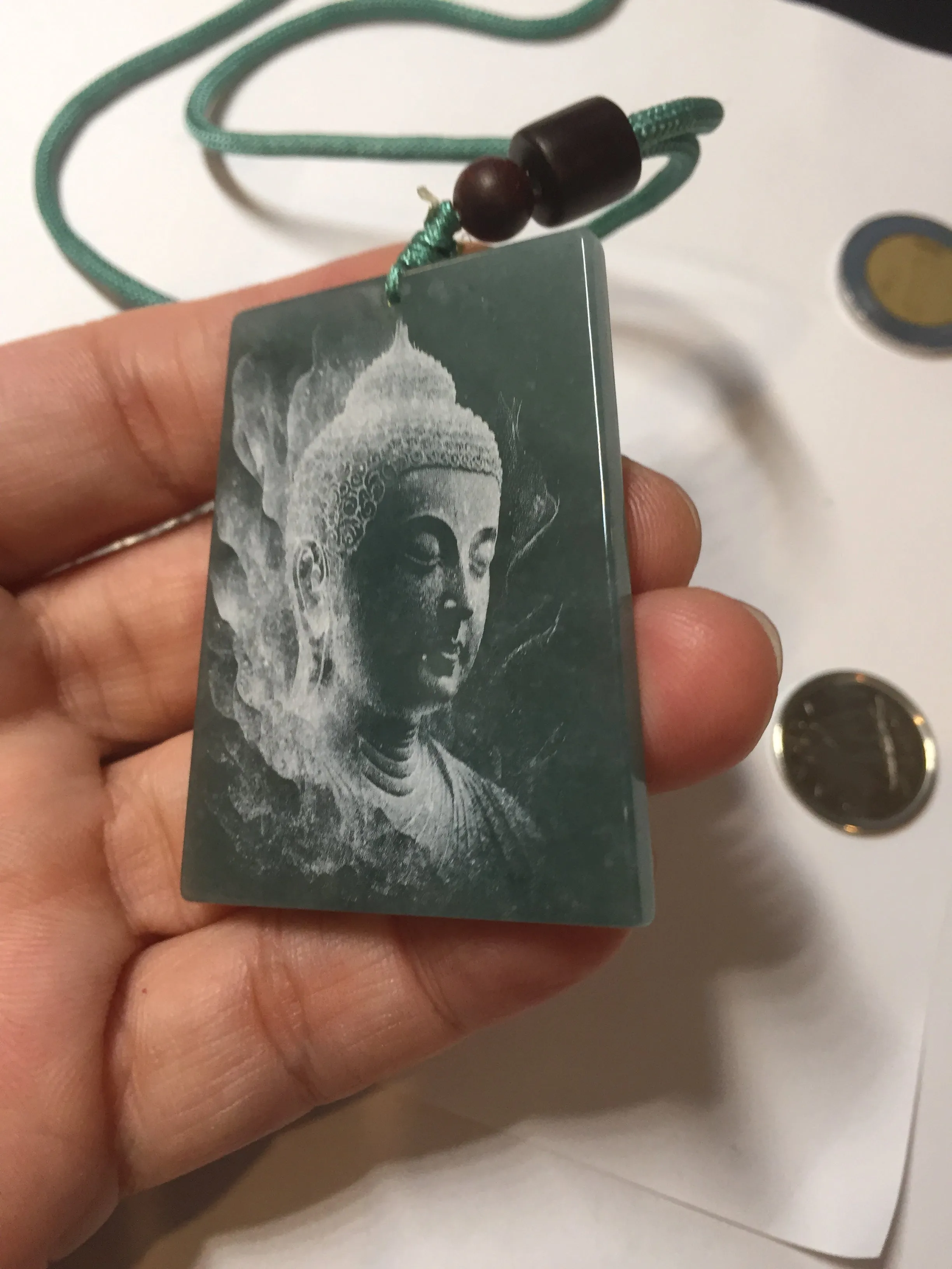 100% Natural type A green/blue/gray Guatemala jadeite Jade shadow carving buddha pendant necklace BP114