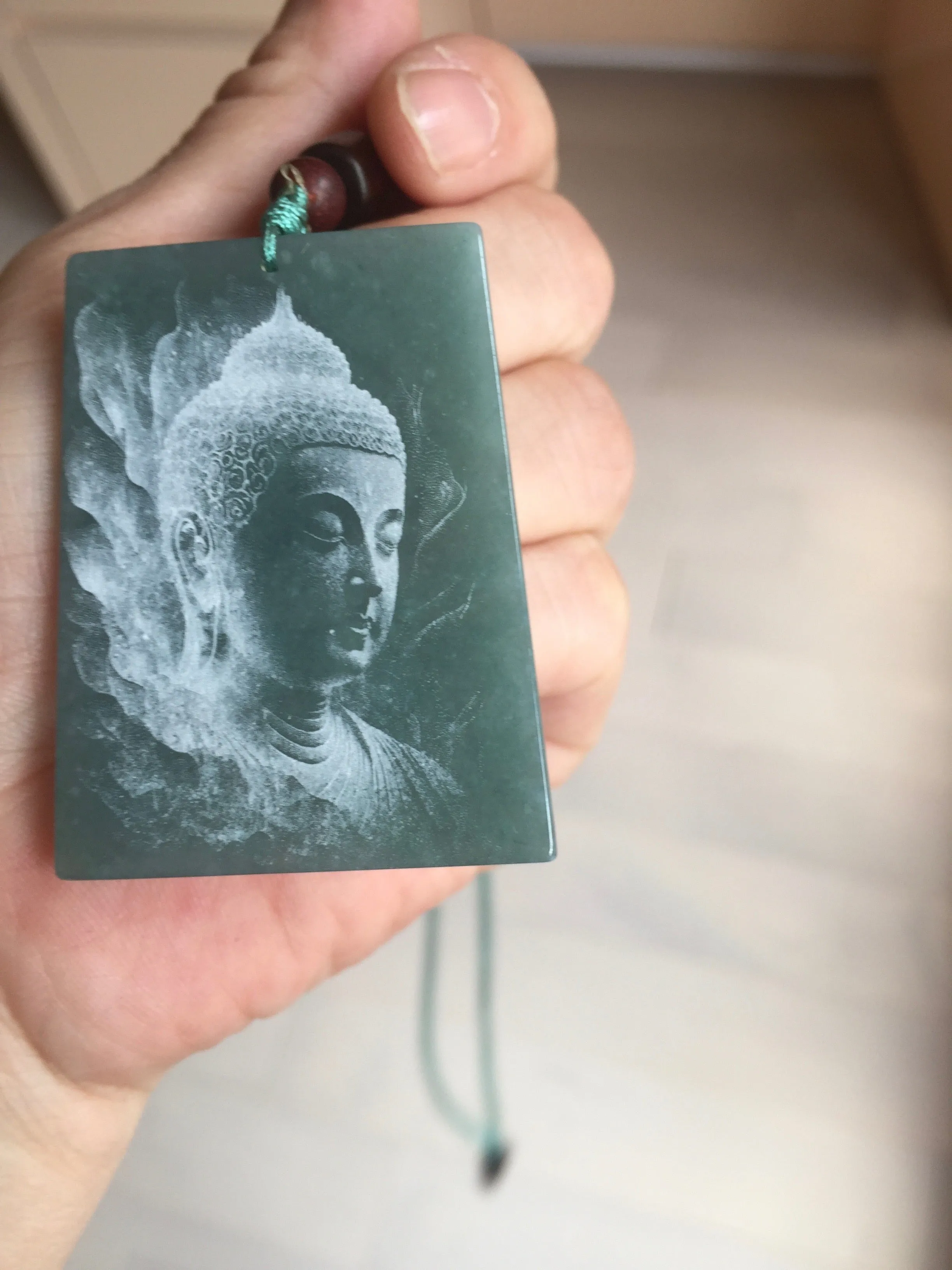 100% Natural type A green/blue/gray Guatemala jadeite Jade shadow carving buddha pendant necklace BP114