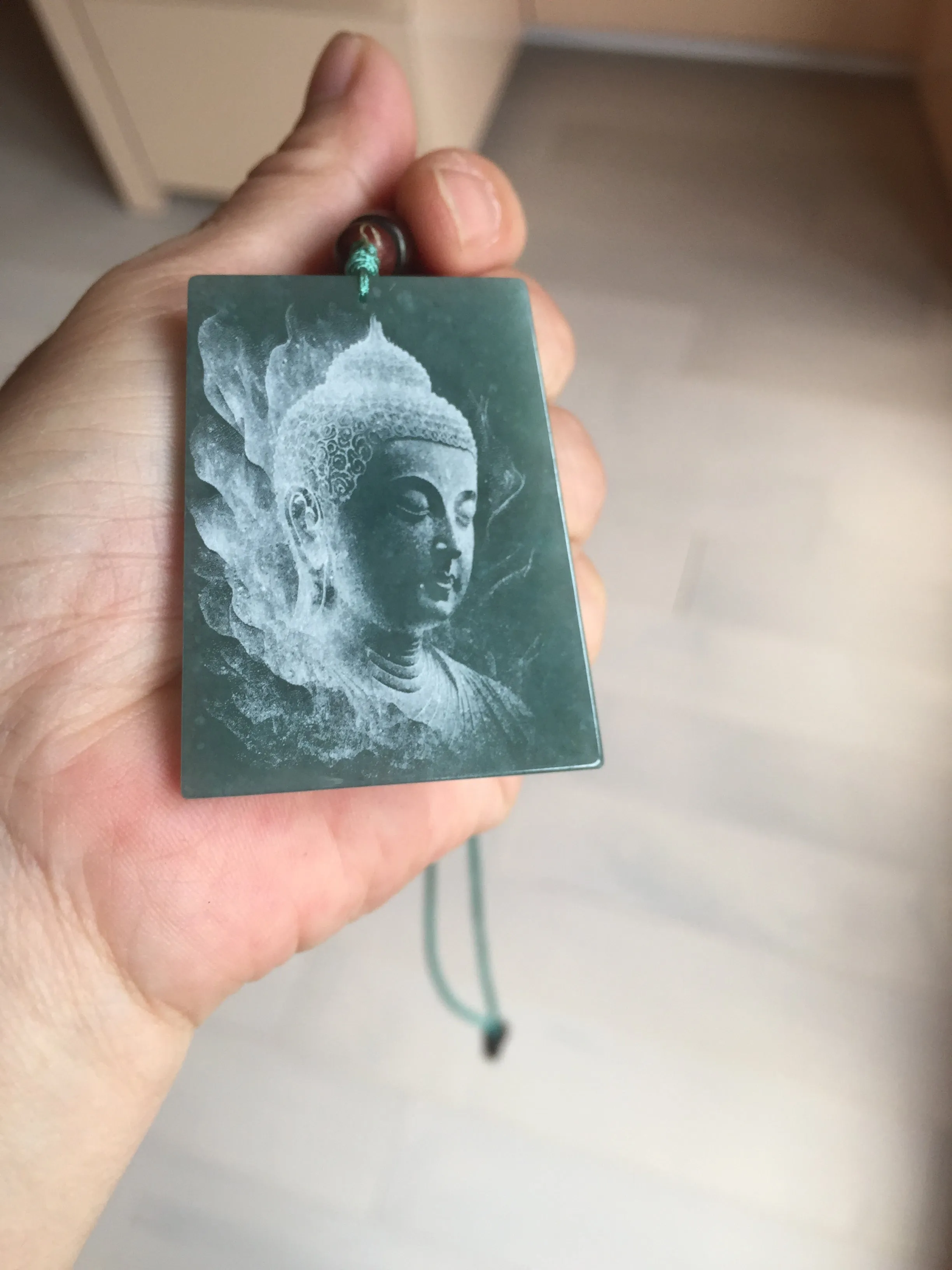 100% Natural type A green/blue/gray Guatemala jadeite Jade shadow carving buddha pendant necklace BP114