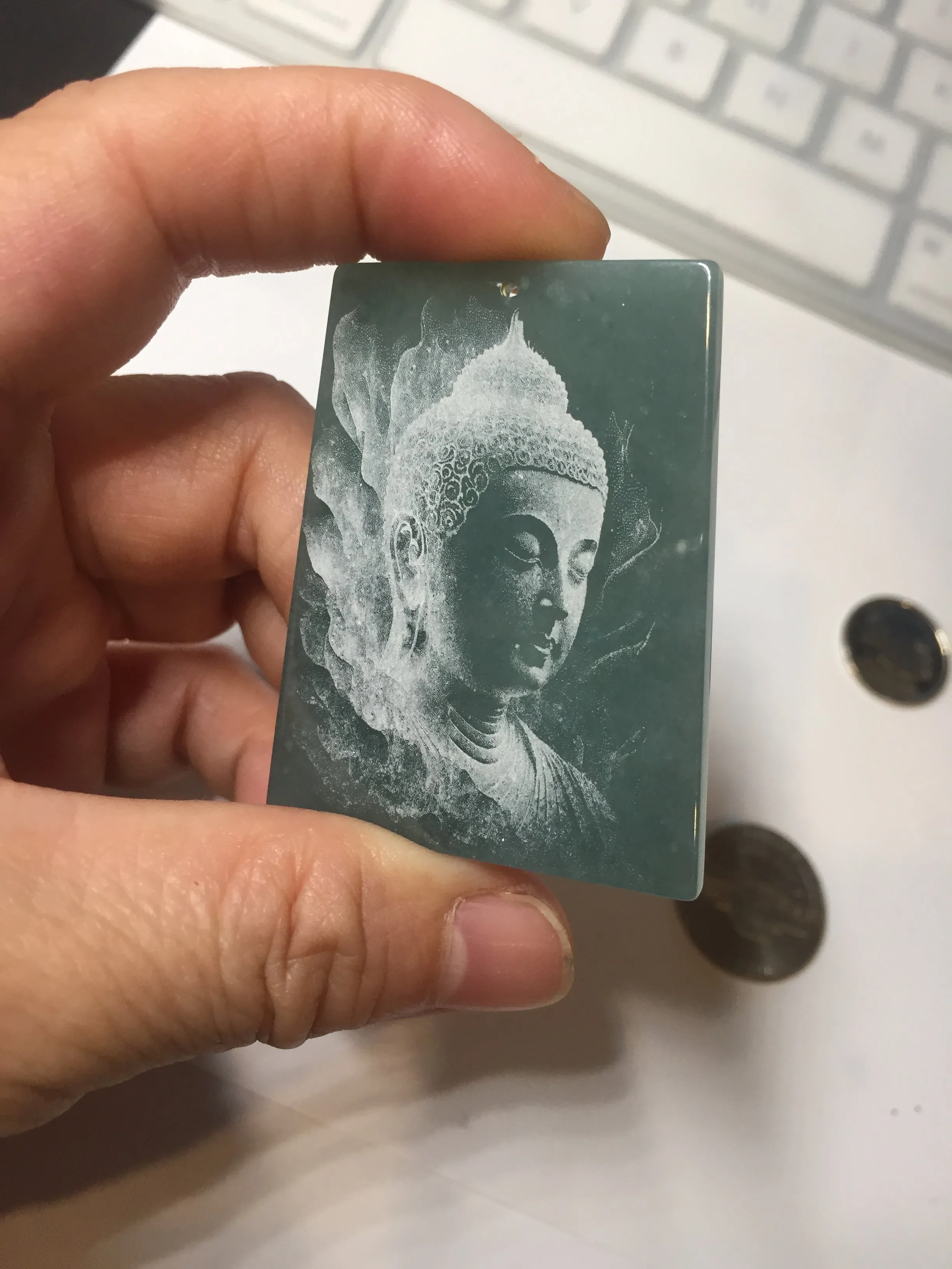 100% Natural type A green/blue/gray Guatemala jadeite Jade shadow carving buddha pendant necklace BP114