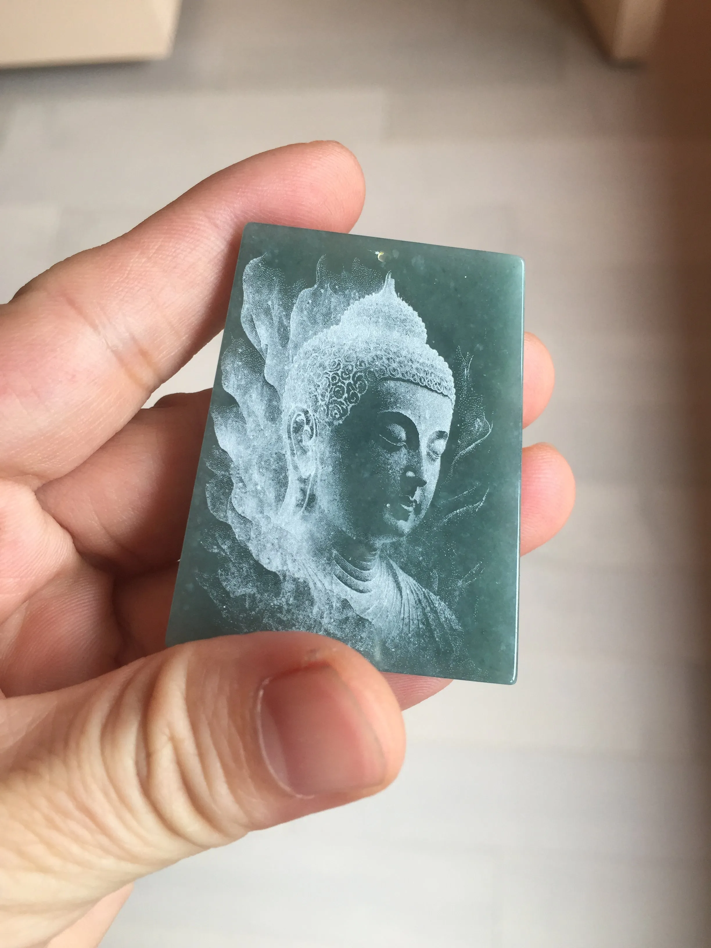 100% Natural type A green/blue/gray Guatemala jadeite Jade shadow carving buddha pendant necklace BP114