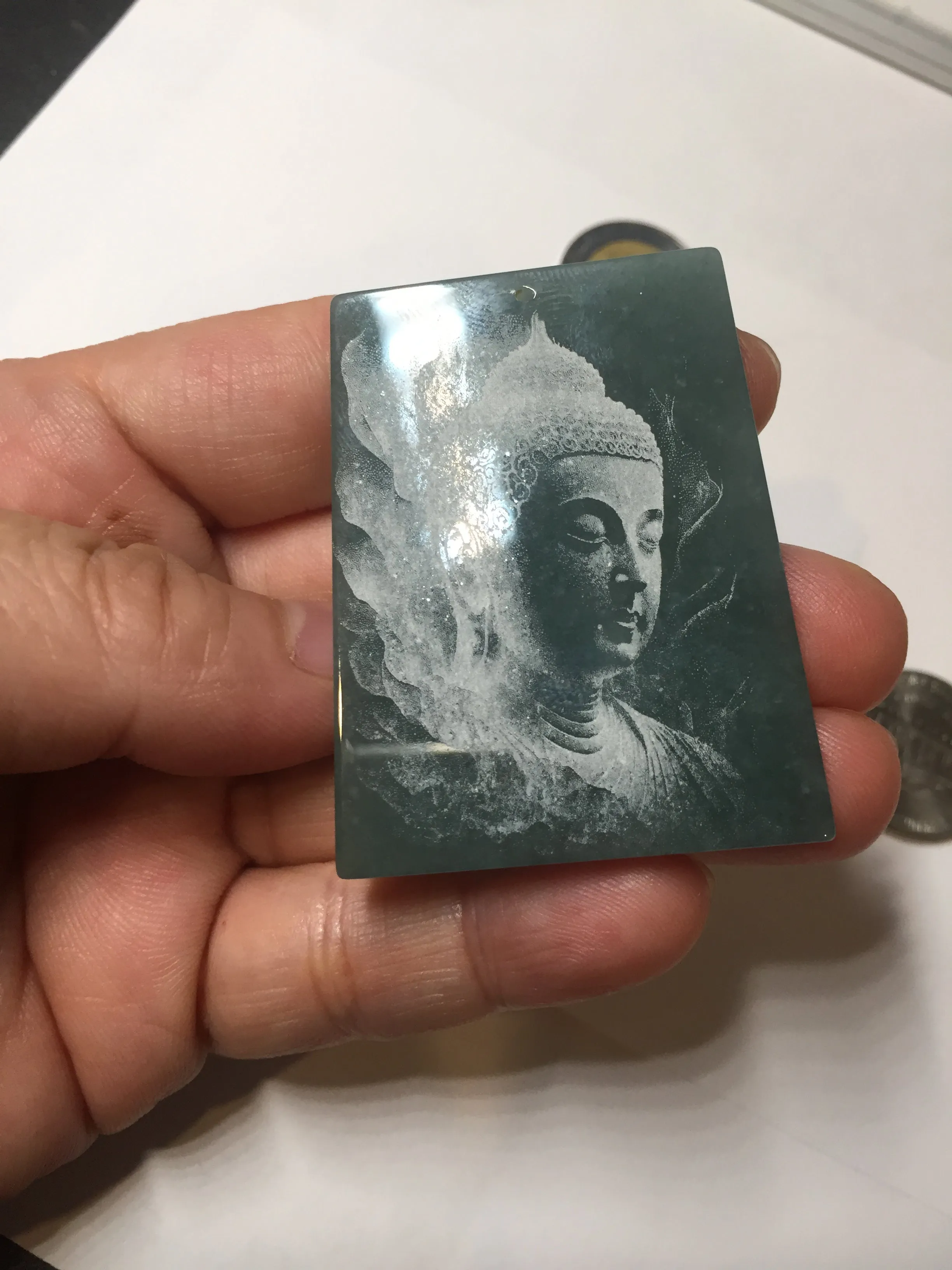 100% Natural type A green/blue/gray Guatemala jadeite Jade shadow carving buddha pendant necklace BP114
