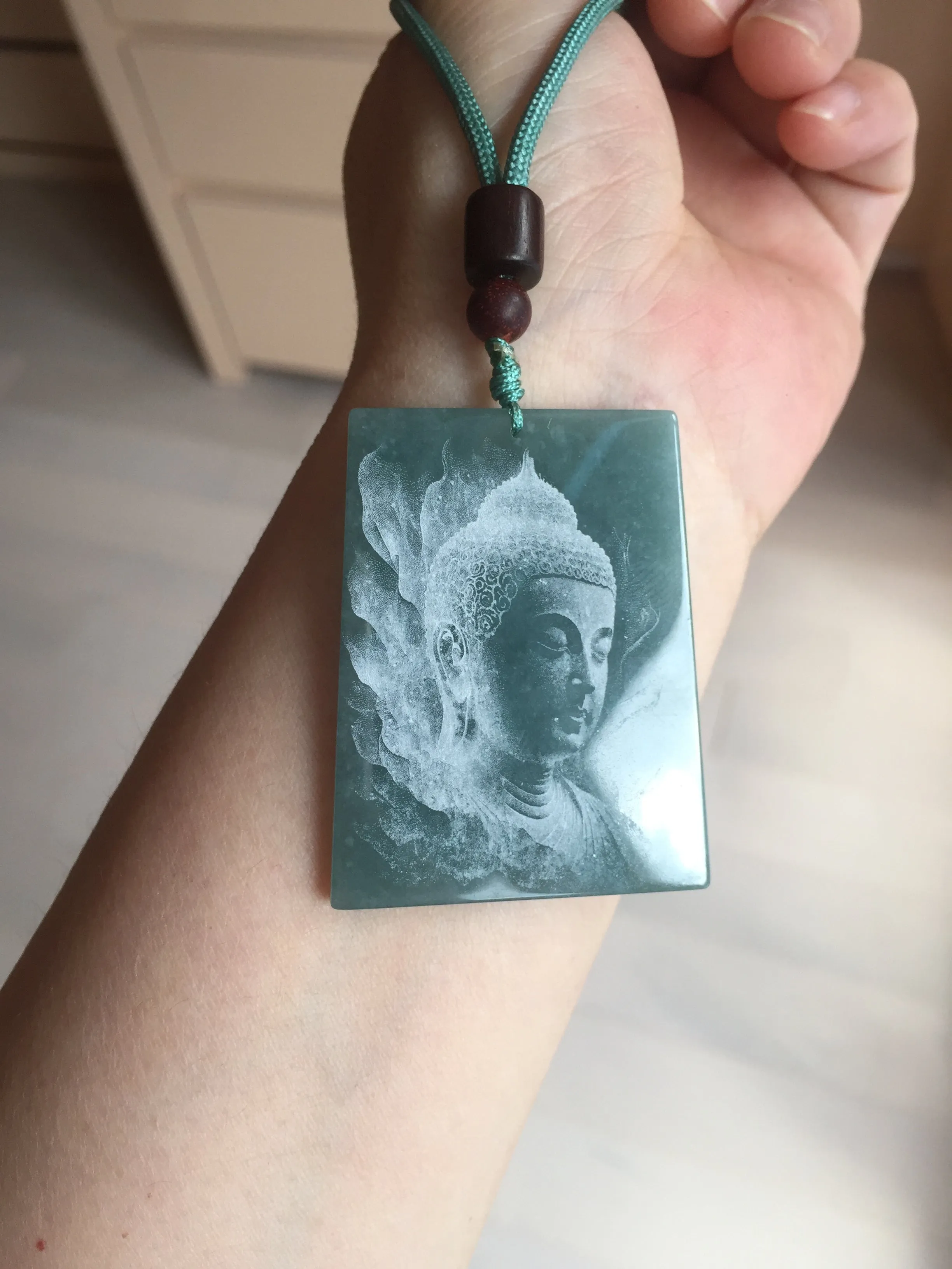 100% Natural type A green/blue/gray Guatemala jadeite Jade shadow carving buddha pendant necklace BP114