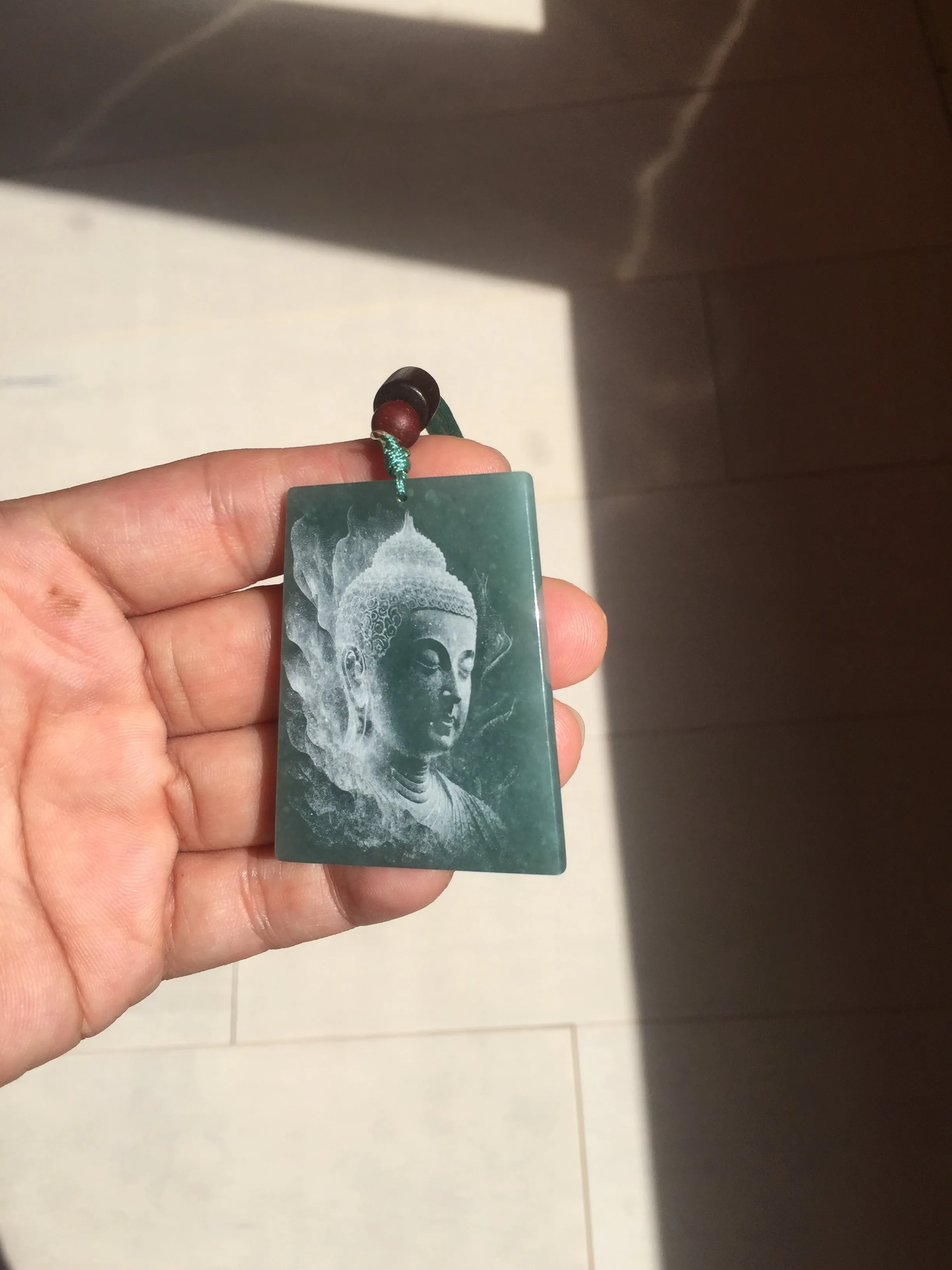 100% Natural type A green/blue/gray Guatemala jadeite Jade shadow carving buddha pendant necklace BP114