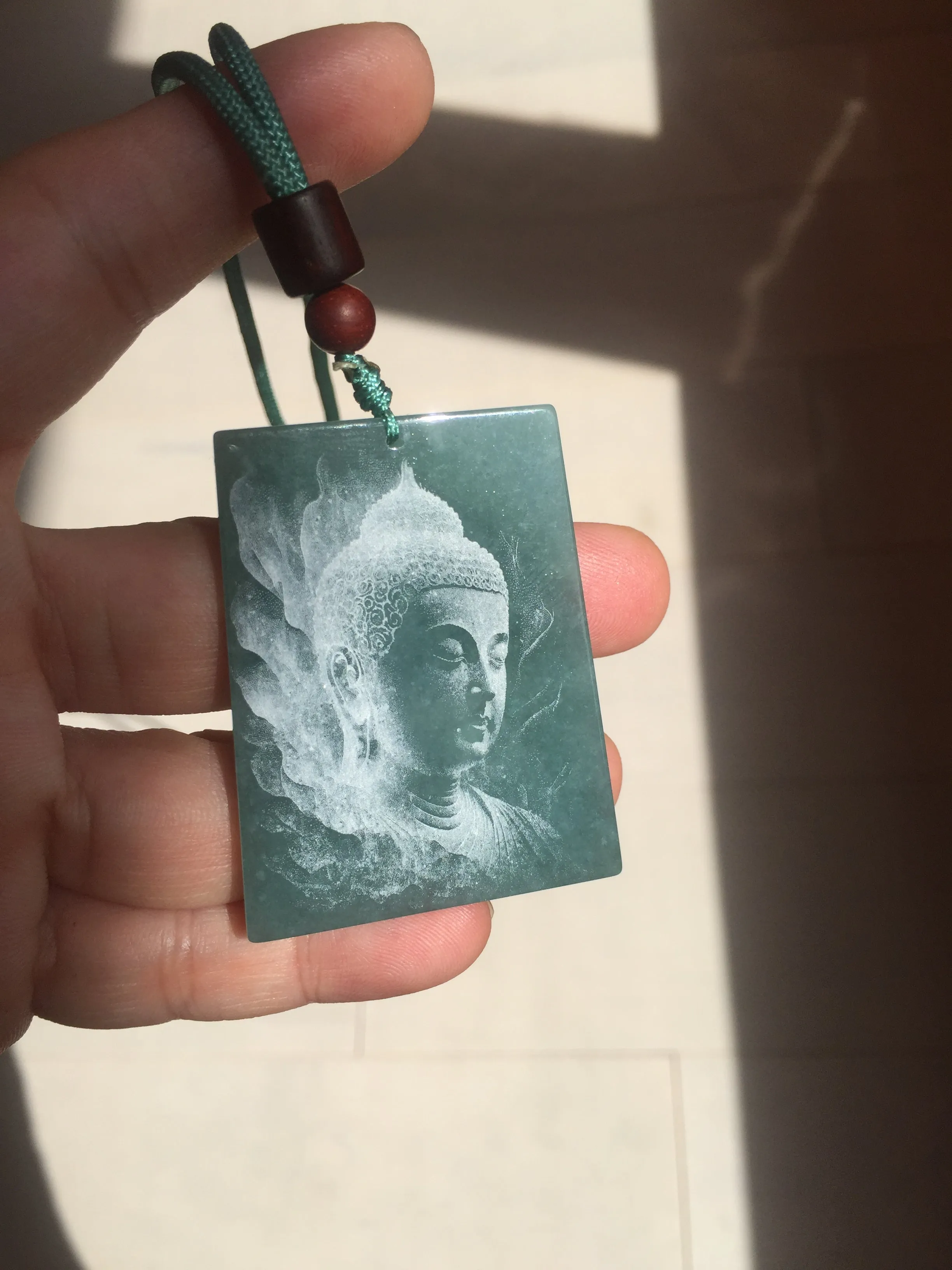 100% Natural type A green/blue/gray Guatemala jadeite Jade shadow carving buddha pendant necklace BP114