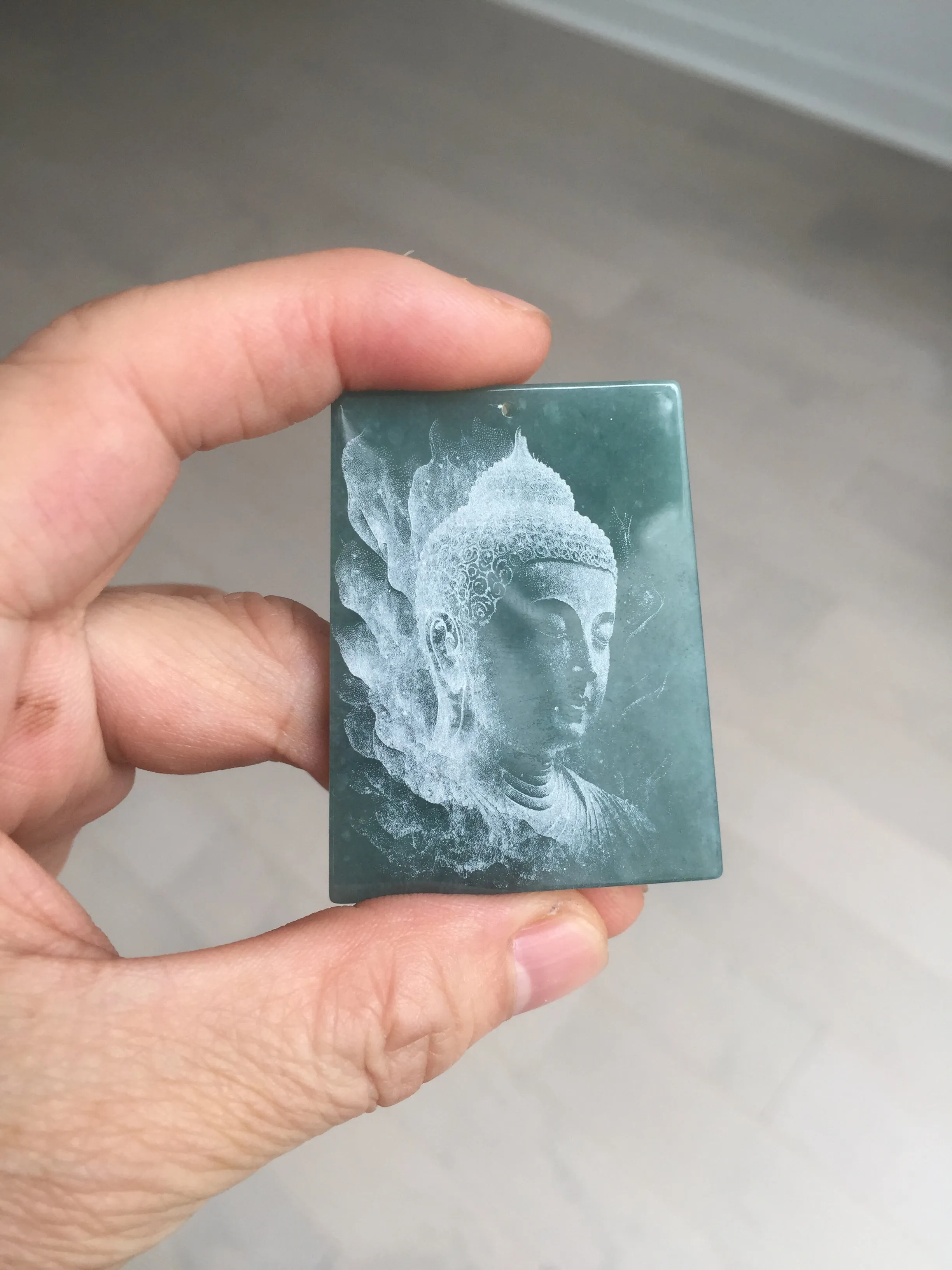 100% Natural type A green/blue/gray Guatemala jadeite Jade shadow carving buddha pendant necklace BP114