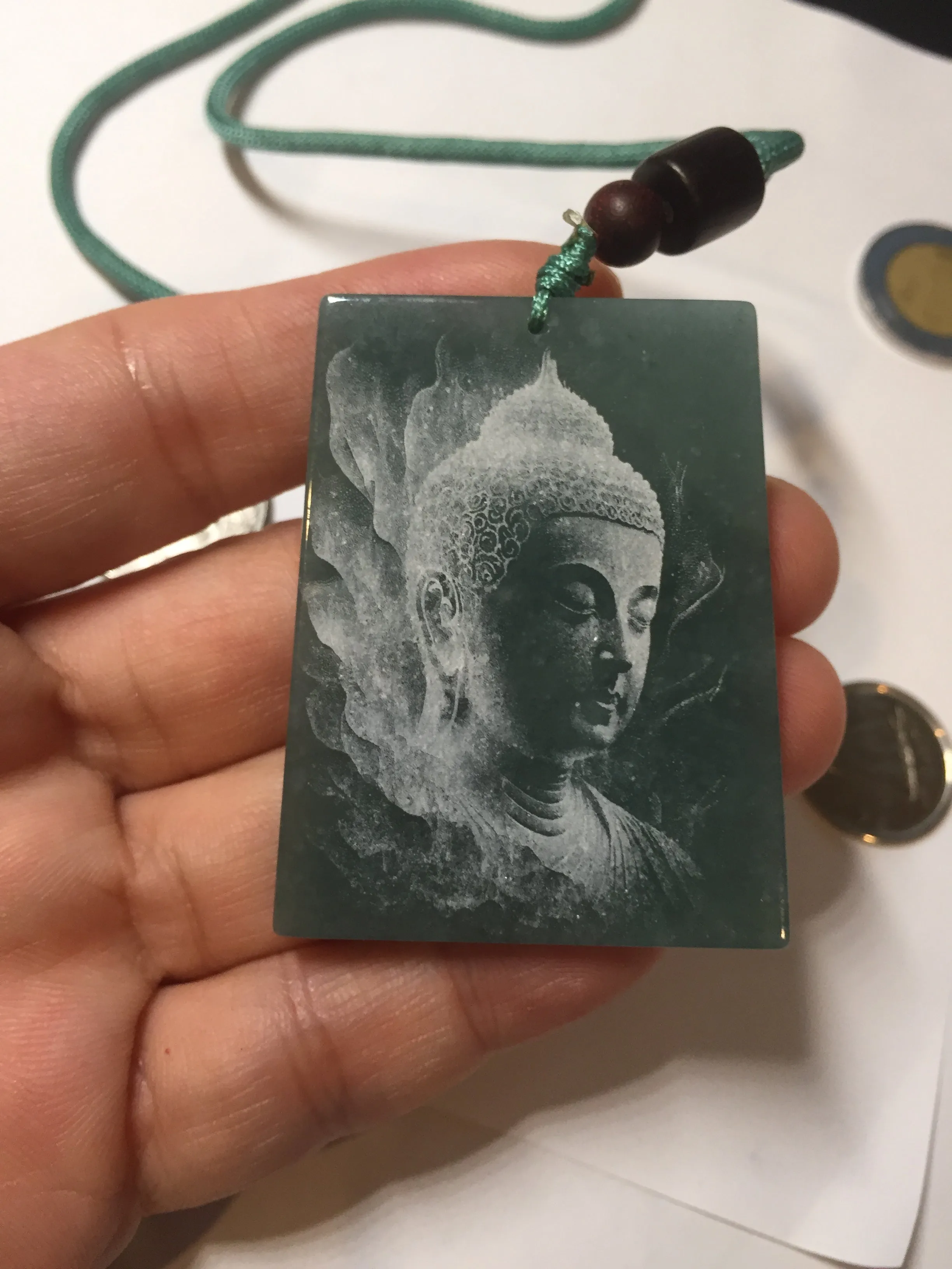 100% Natural type A green/blue/gray Guatemala jadeite Jade shadow carving buddha pendant necklace BP114