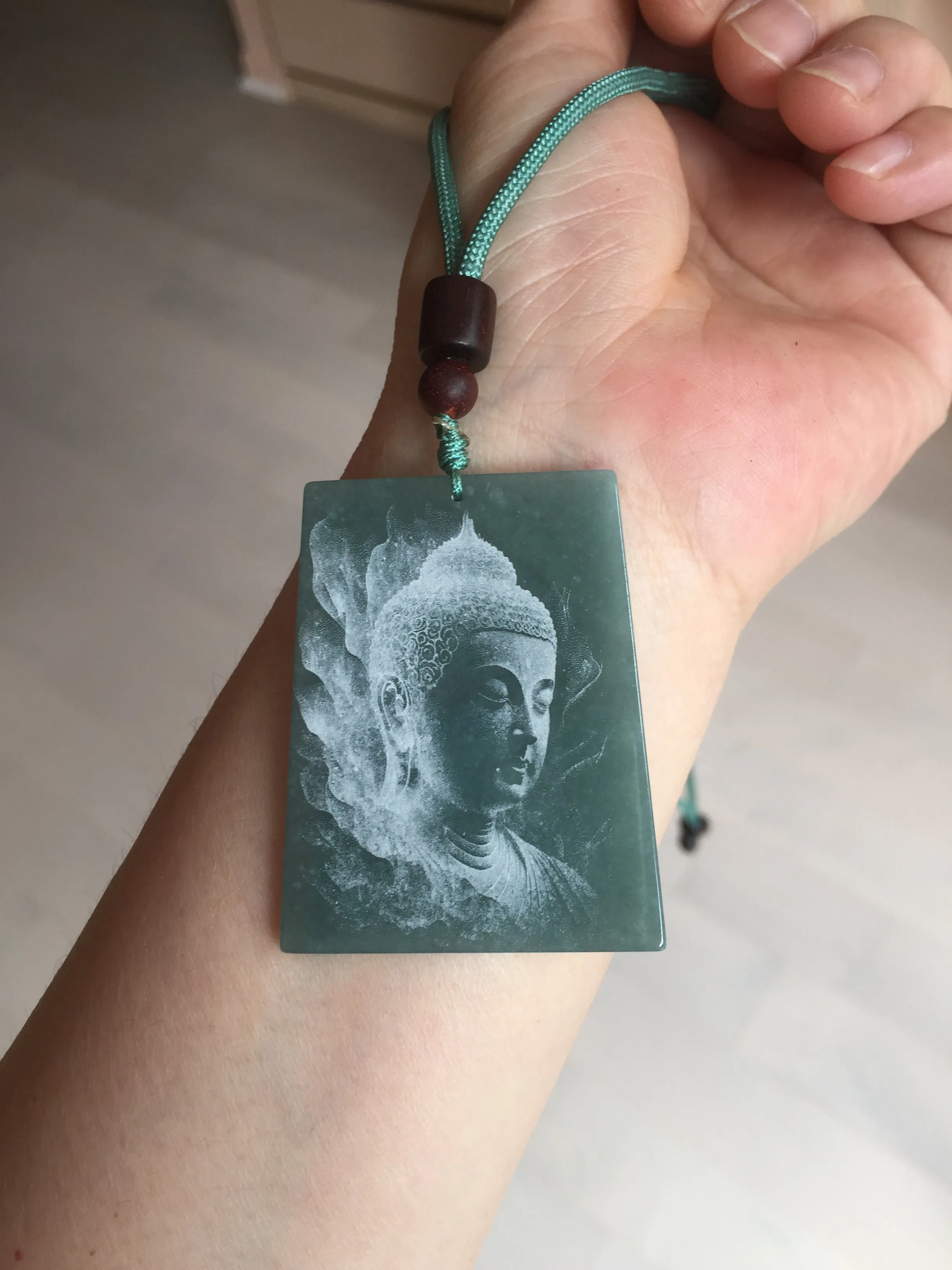 100% Natural type A green/blue/gray Guatemala jadeite Jade shadow carving buddha pendant necklace BP114