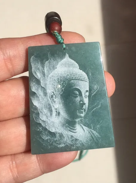 100% Natural type A green/blue/gray Guatemala jadeite Jade shadow carving buddha pendant necklace BP114