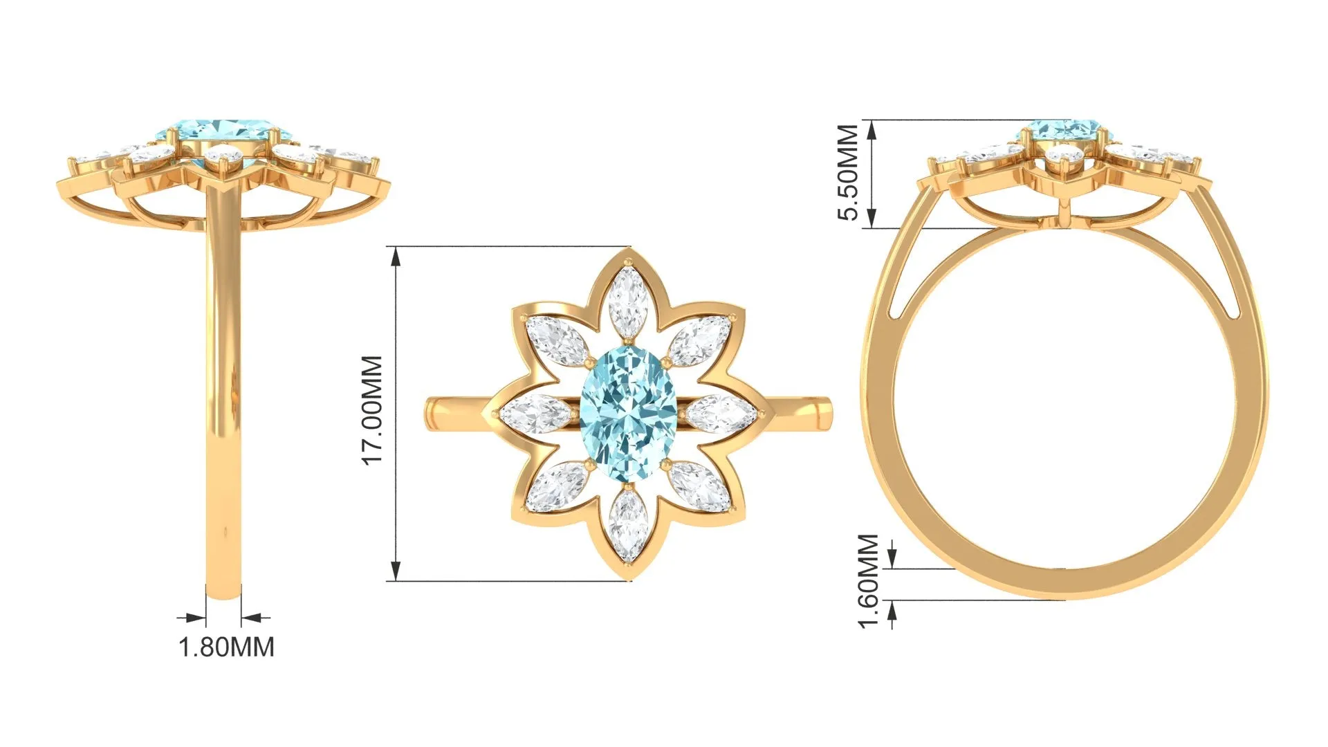 1.25 Ct Oval Aquamarine Flower Cocktail Ring with Moissanite
