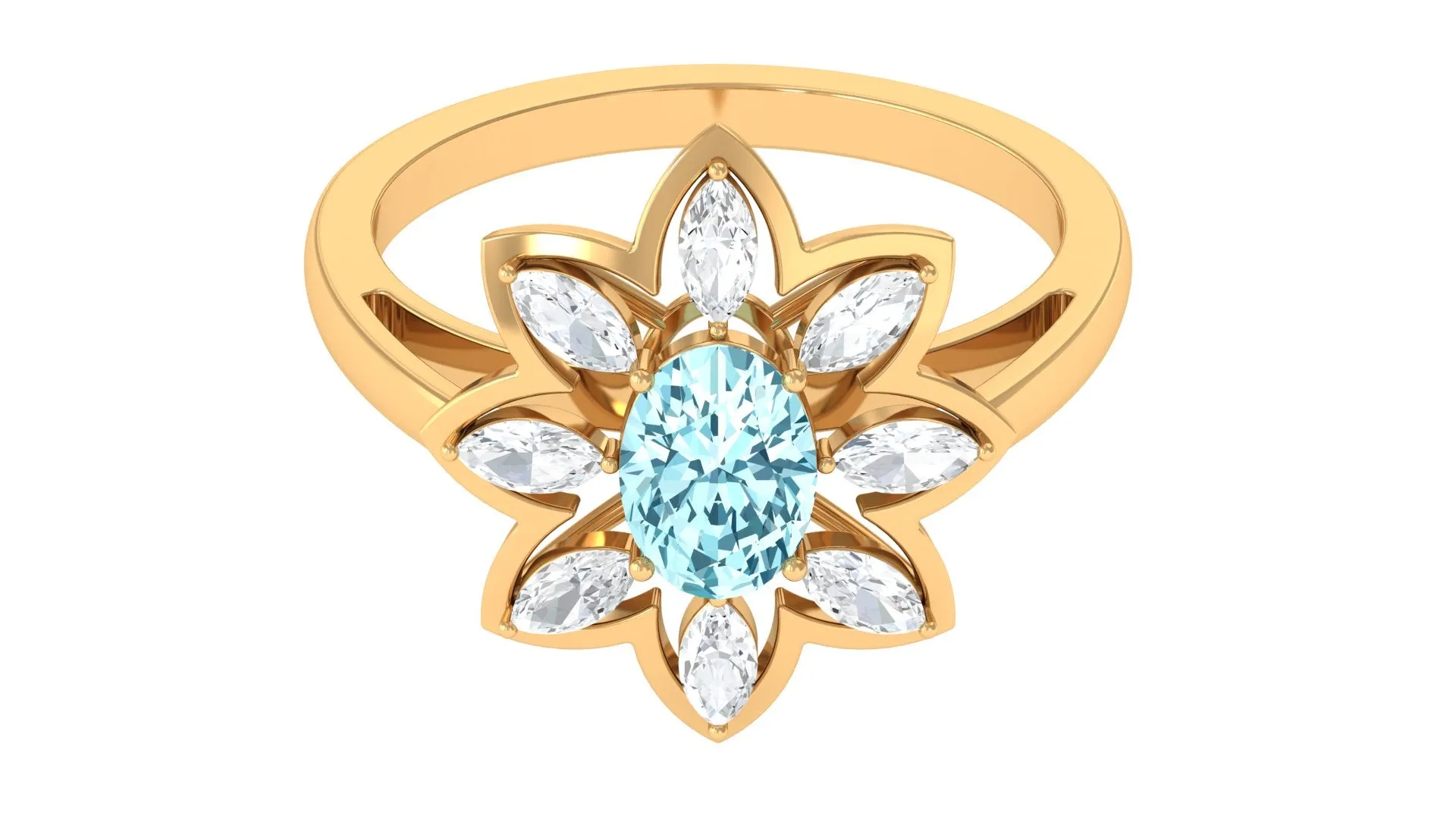 1.25 Ct Oval Aquamarine Flower Cocktail Ring with Moissanite