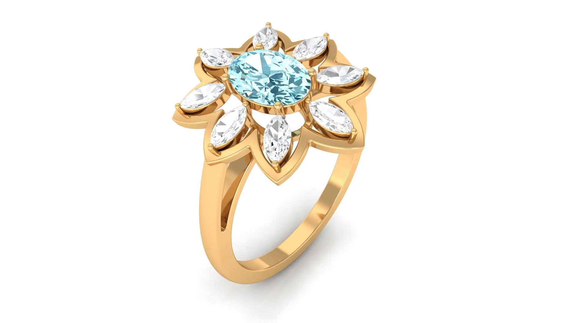 1.25 Ct Oval Aquamarine Flower Cocktail Ring with Moissanite
