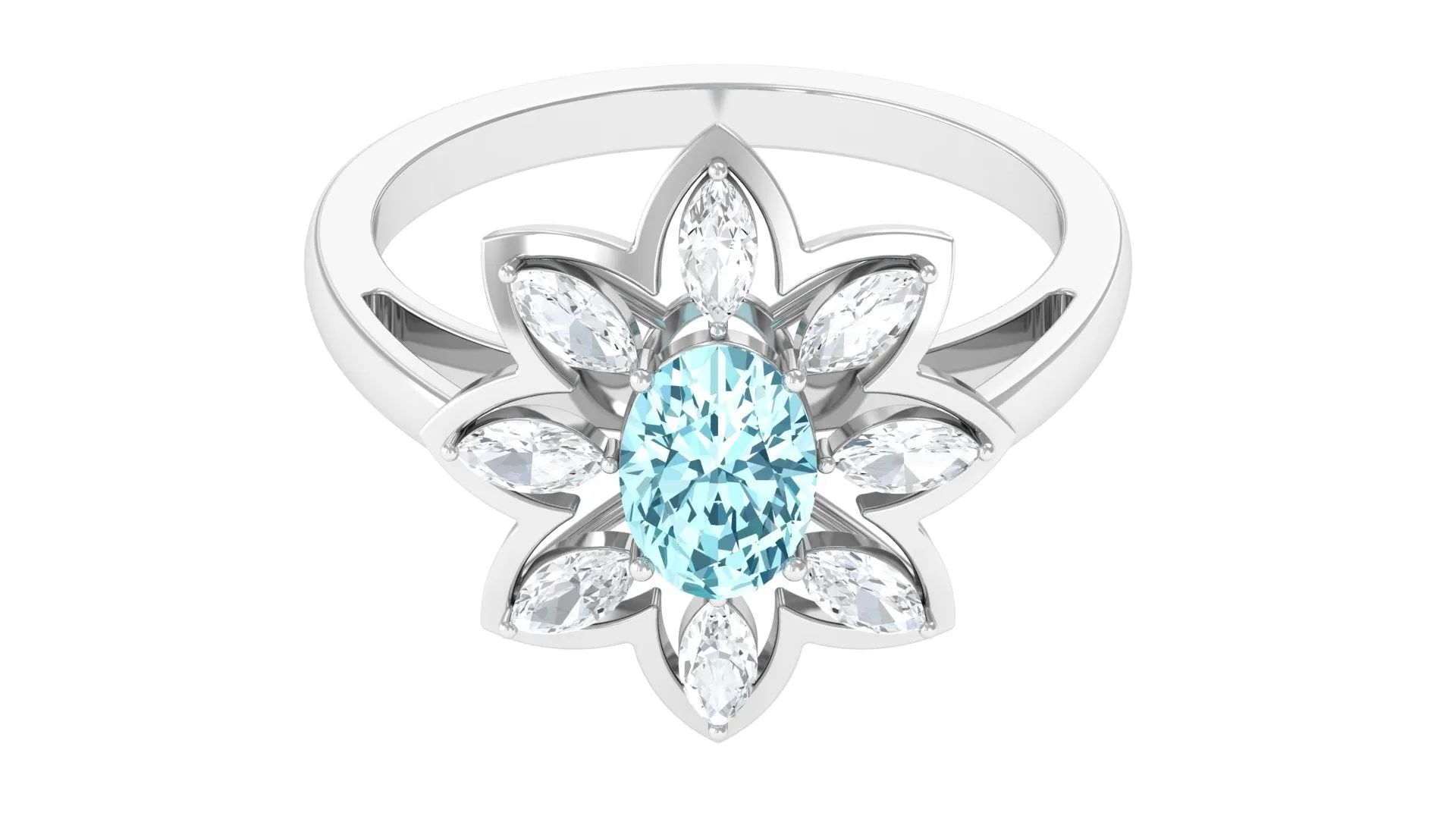 1.25 Ct Oval Aquamarine Flower Cocktail Ring with Moissanite