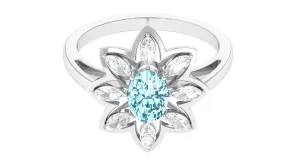 1.25 Ct Oval Aquamarine Flower Cocktail Ring with Moissanite