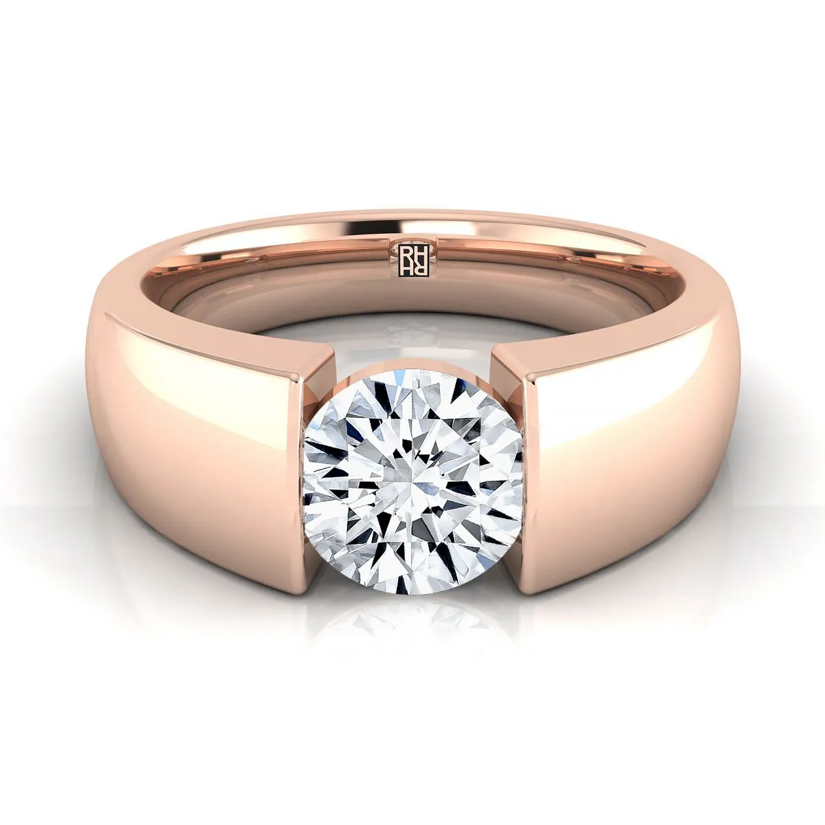 14K Rose Gold Round Brilliant  Wide High Polish Band Tension Set Solitaire Engagement Ring