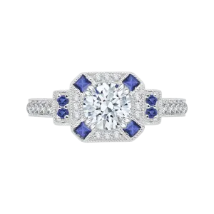 14K Two Tone Gold Round Diamond and Sapphire Engagement Ring (Semi Mount)