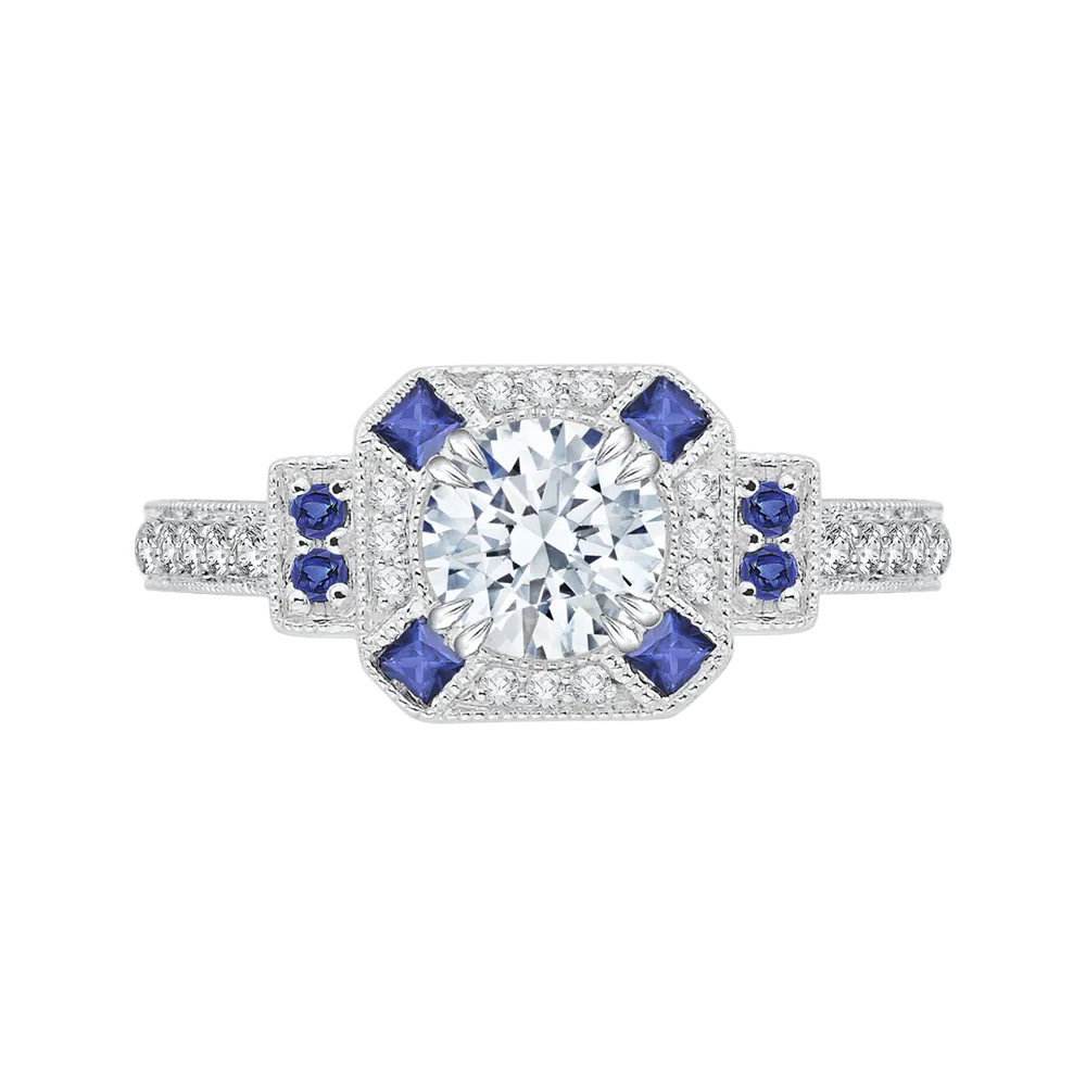 14K Two Tone Gold Round Diamond and Sapphire Engagement Ring (Semi Mount)