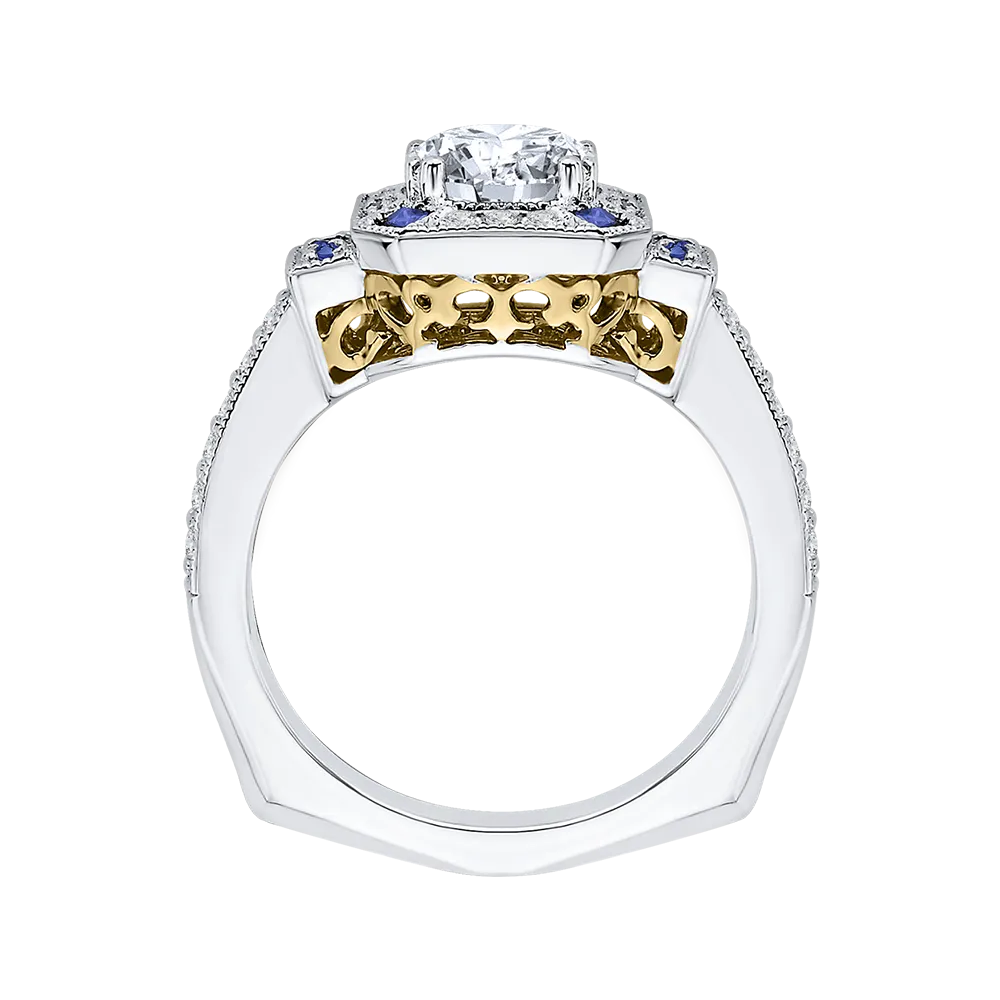 14K Two Tone Gold Round Diamond and Sapphire Engagement Ring (Semi Mount)