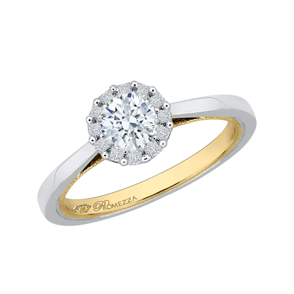 14K Two Tone Gold Round Diamond Halo Engagement Ring