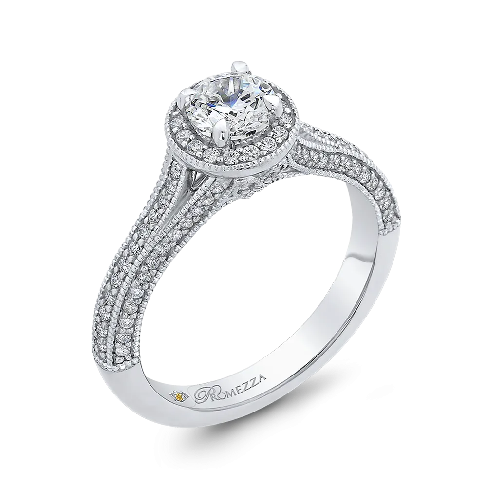 14K White Gold Round Diamond Halo Engagement Ring with Split Shank