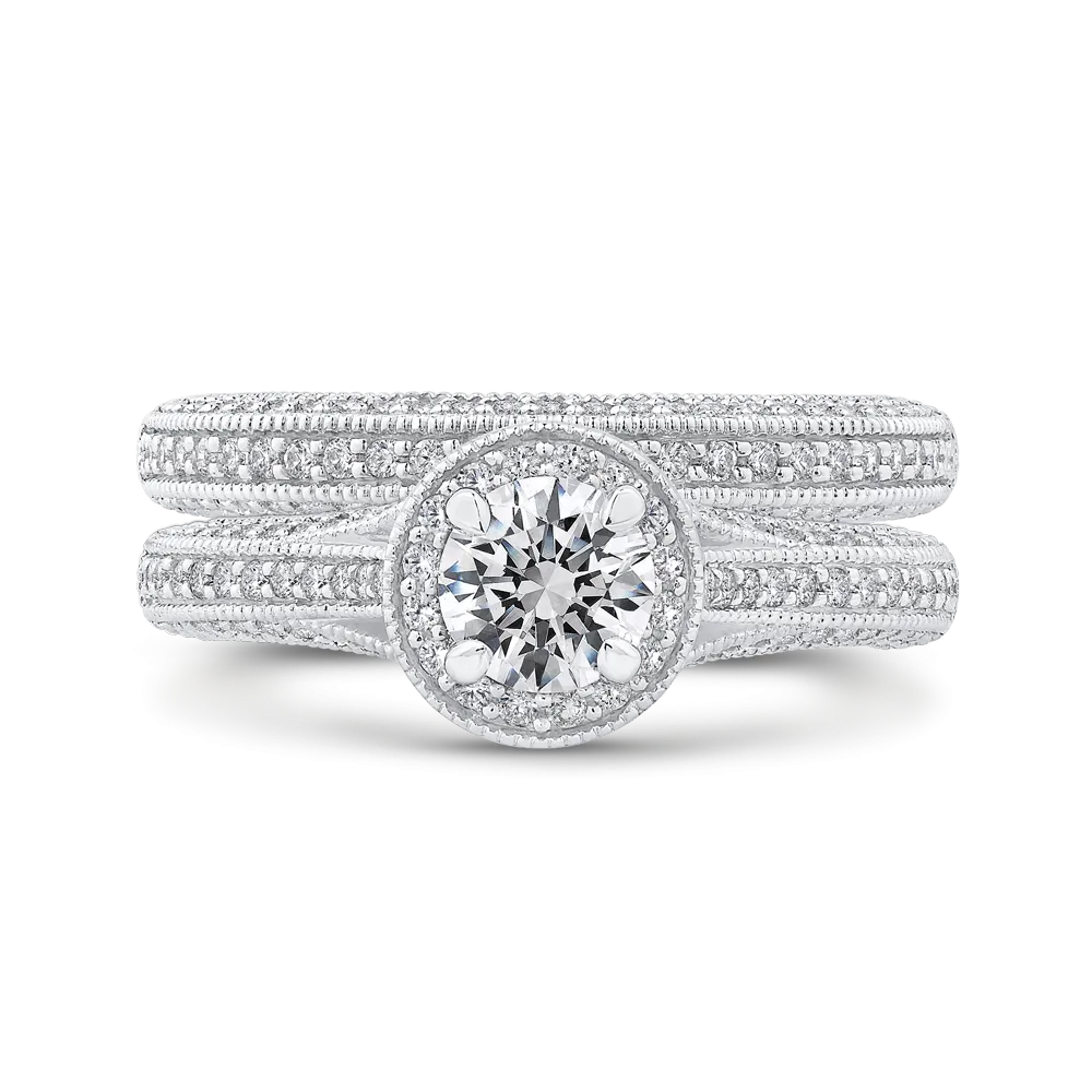 14K White Gold Round Diamond Halo Engagement Ring with Split Shank