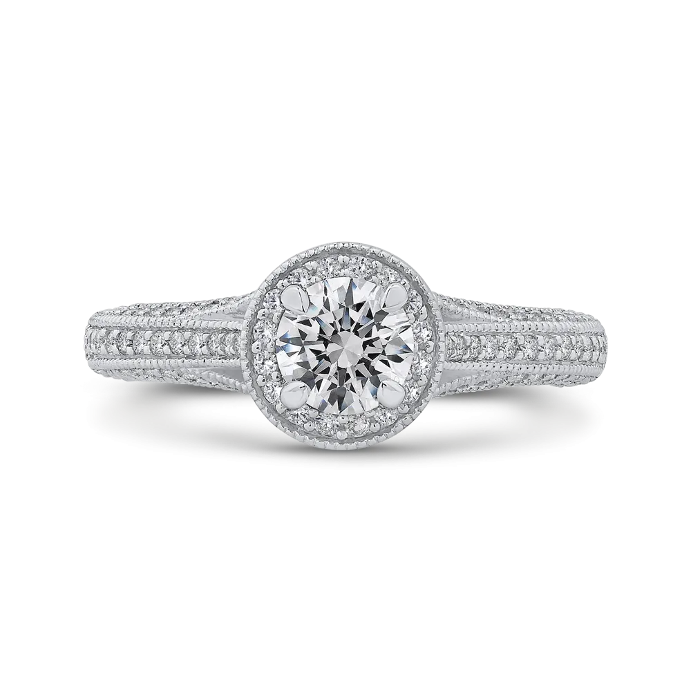 14K White Gold Round Diamond Halo Engagement Ring with Split Shank