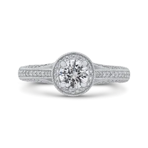 14K White Gold Round Diamond Halo Engagement Ring with Split Shank