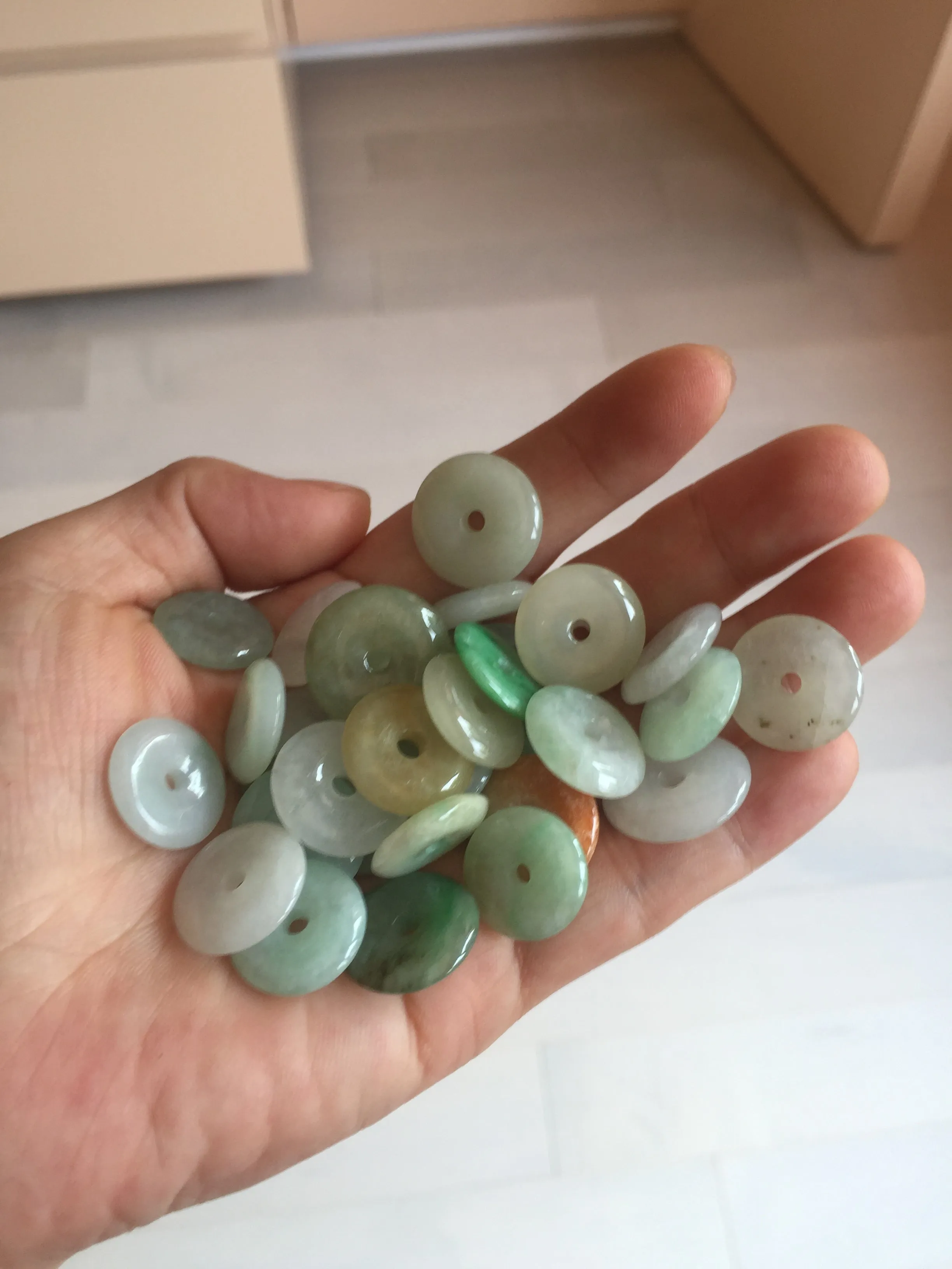 15-17mm Type A 100% Natural icy watery light green yellow white clear Jadeite Jade Safety Guardian Button donut Pendant group AF97