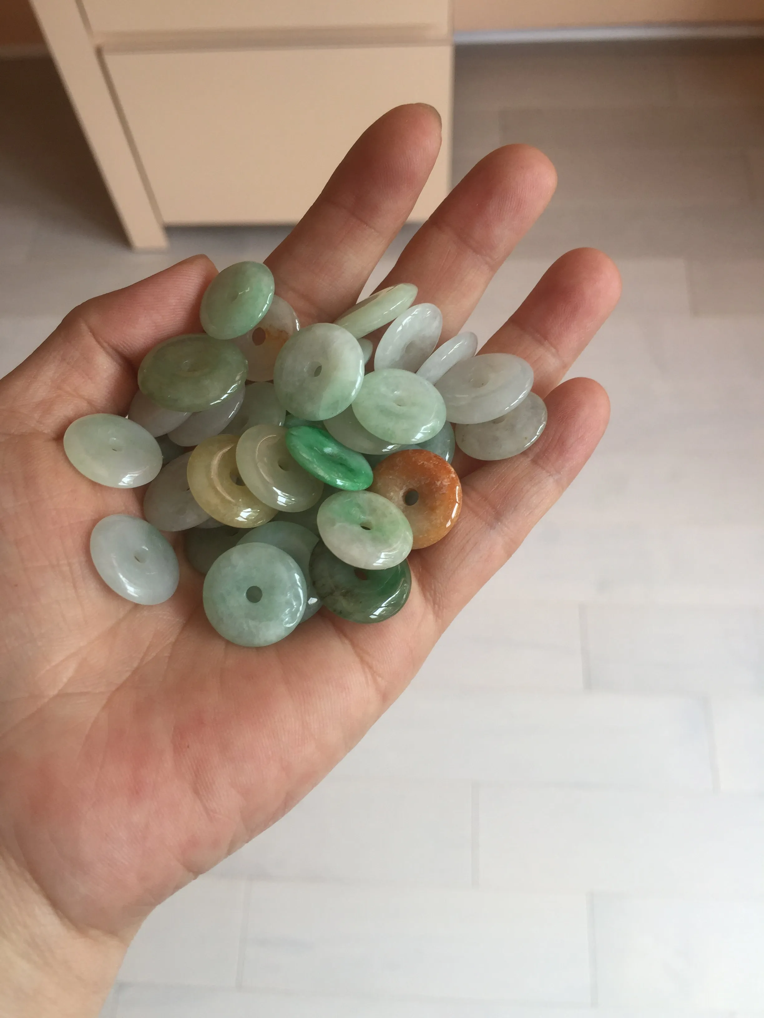 15-17mm Type A 100% Natural icy watery light green yellow white clear Jadeite Jade Safety Guardian Button donut Pendant group AF97