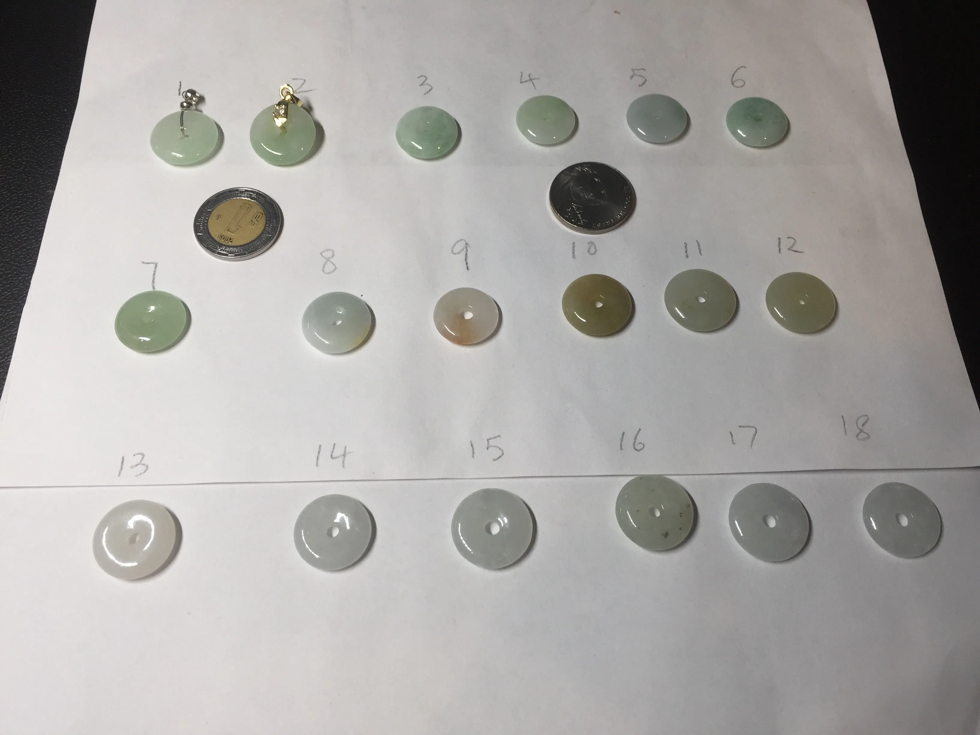 15-17mm Type A 100% Natural icy watery light green yellow white clear Jadeite Jade Safety Guardian Button donut Pendant group AF97