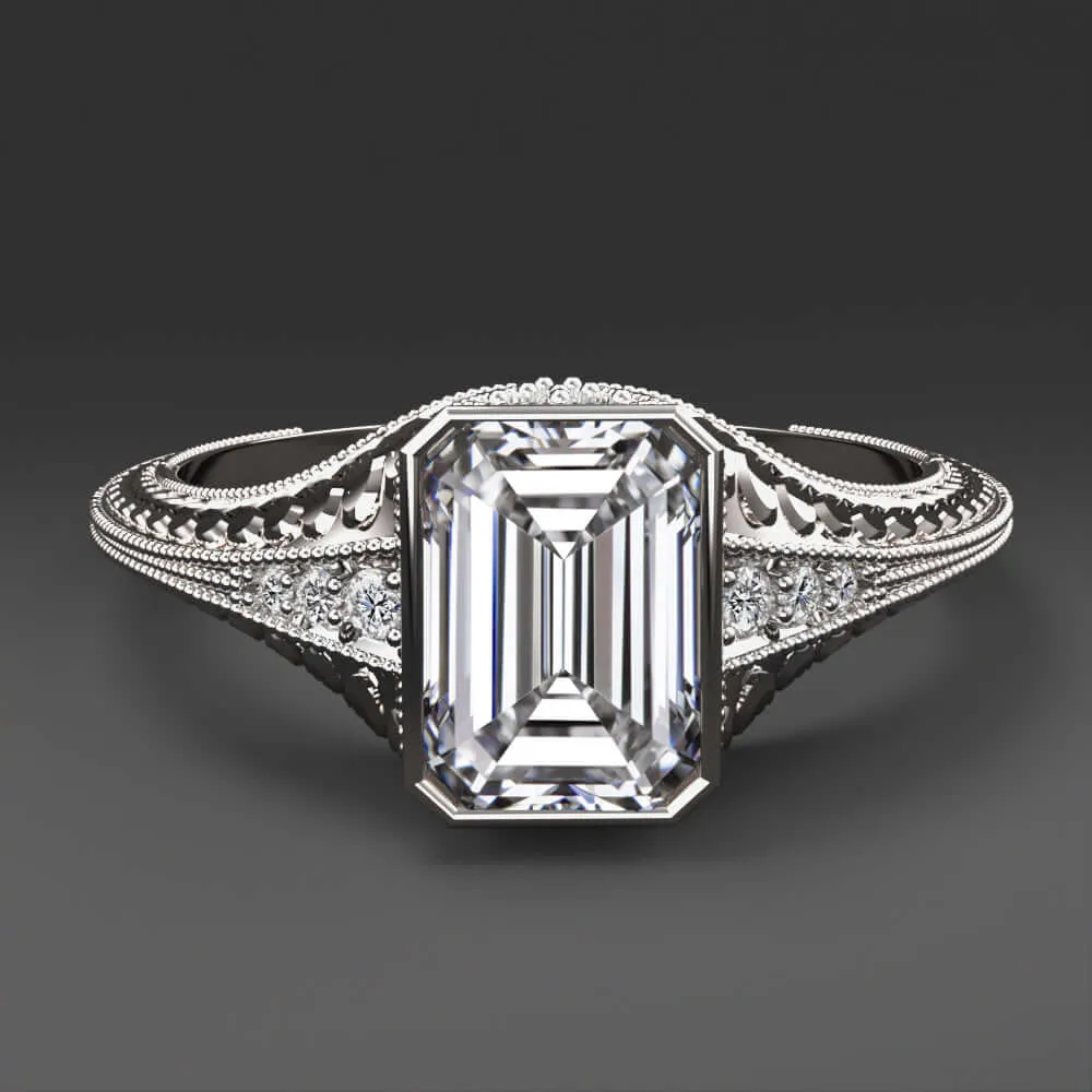 1.5ct LAB CREATED DIAMOND ENGAGEMENT RING CERTIFIED E VS1 VINTAGE EMERALD CUT