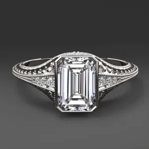 1.5ct LAB CREATED DIAMOND ENGAGEMENT RING CERTIFIED E VS1 VINTAGE EMERALD CUT