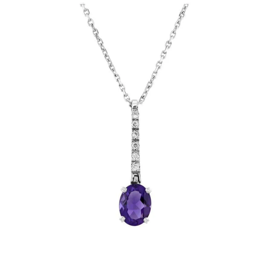 18ct White Gold Oval Cut Amethyst & Diamond Drop Pendant & Chain