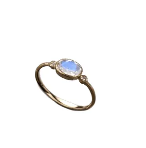 18k Gold Blue Schiller Rainbow Moonstone & Diamond Ring