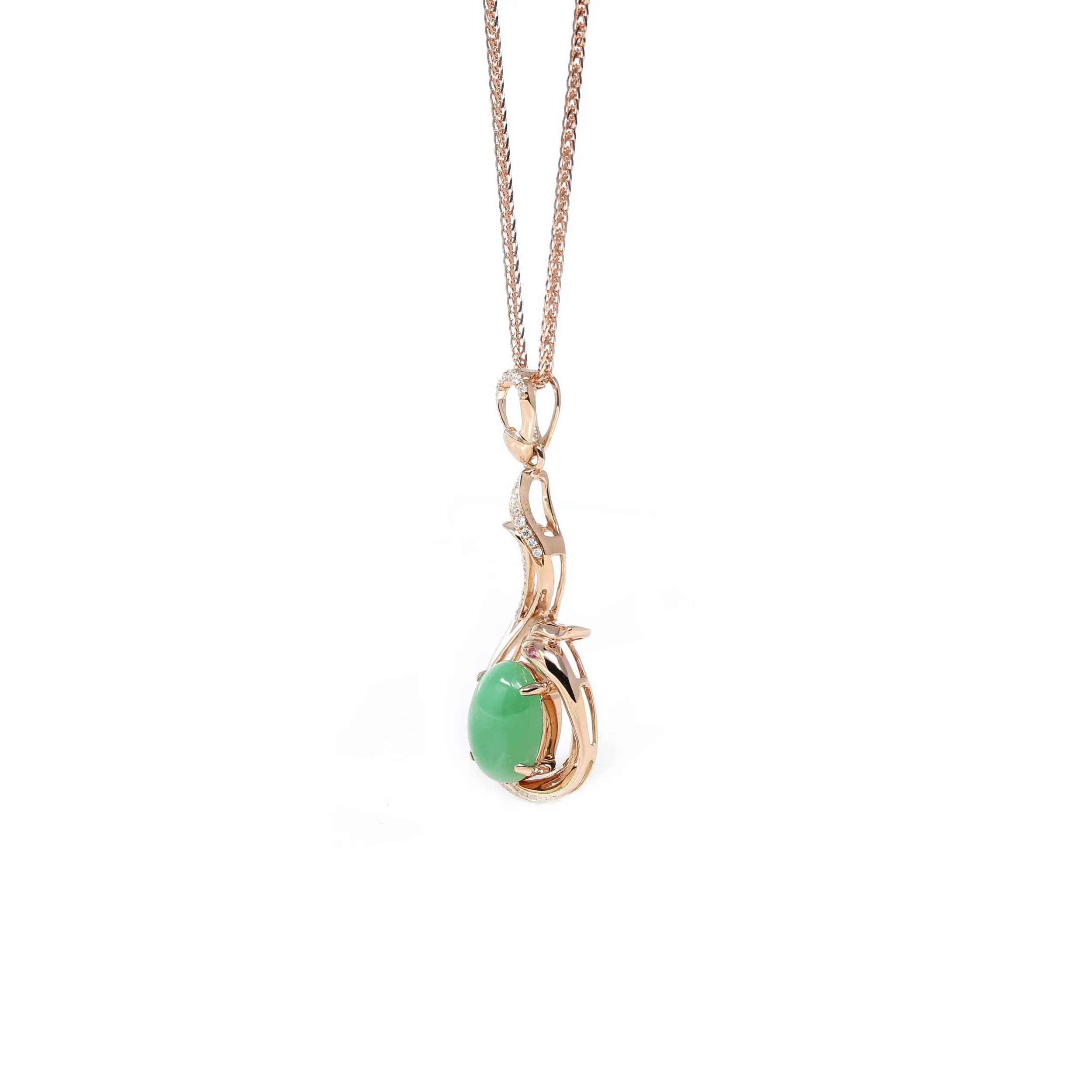18K Rose Gold Oval Imperial Jadeite Jade Phoenix Style Necklace with Diamonds