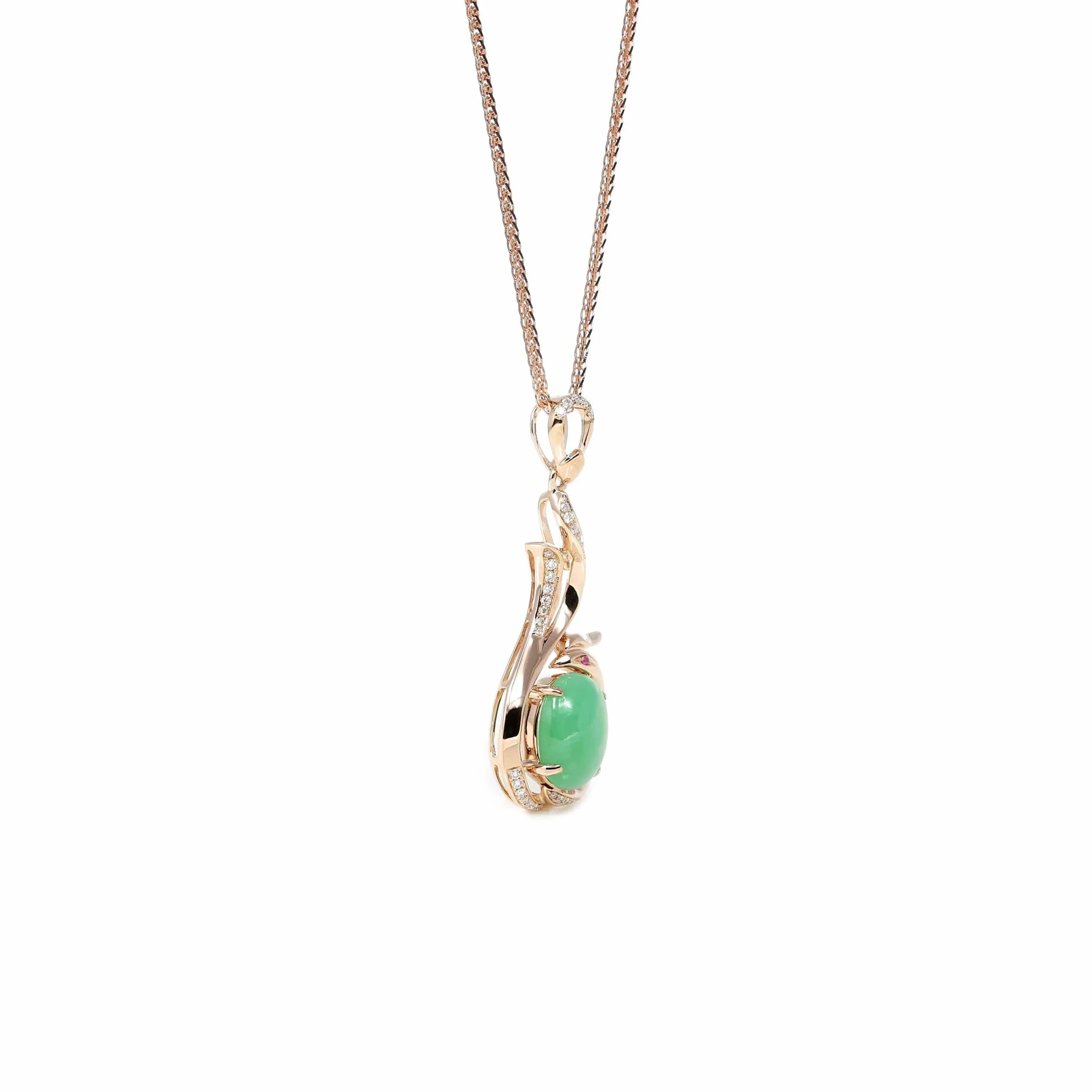 18K Rose Gold Oval Imperial Jadeite Jade Phoenix Style Necklace with Diamonds