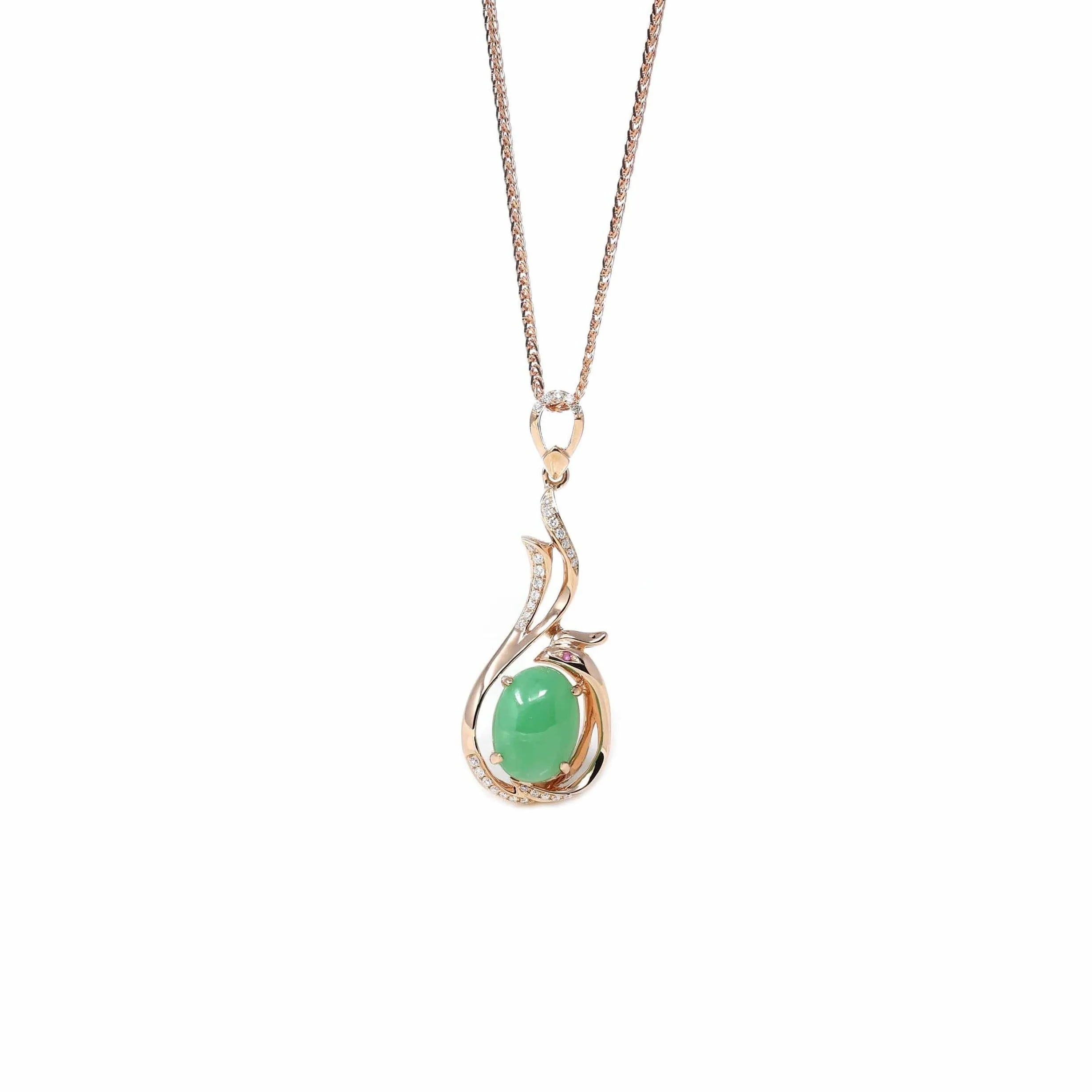 18K Rose Gold Oval Imperial Jadeite Jade Phoenix Style Necklace with Diamonds