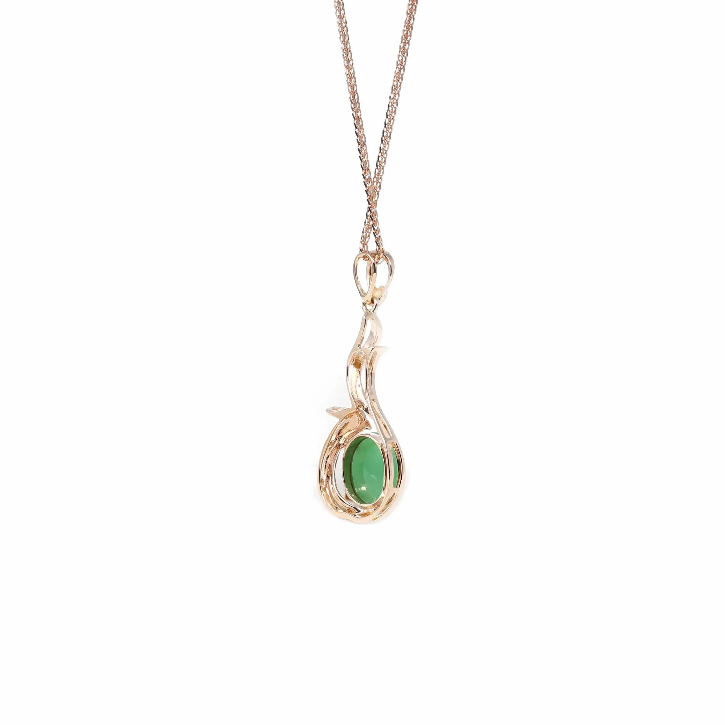 18K Rose Gold Oval Imperial Jadeite Jade Phoenix Style Necklace with Diamonds