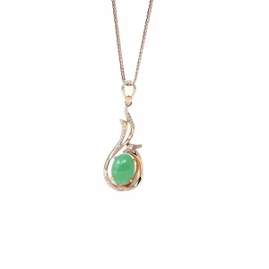 18K Rose Gold Oval Imperial Jadeite Jade Phoenix Style Necklace with Diamonds