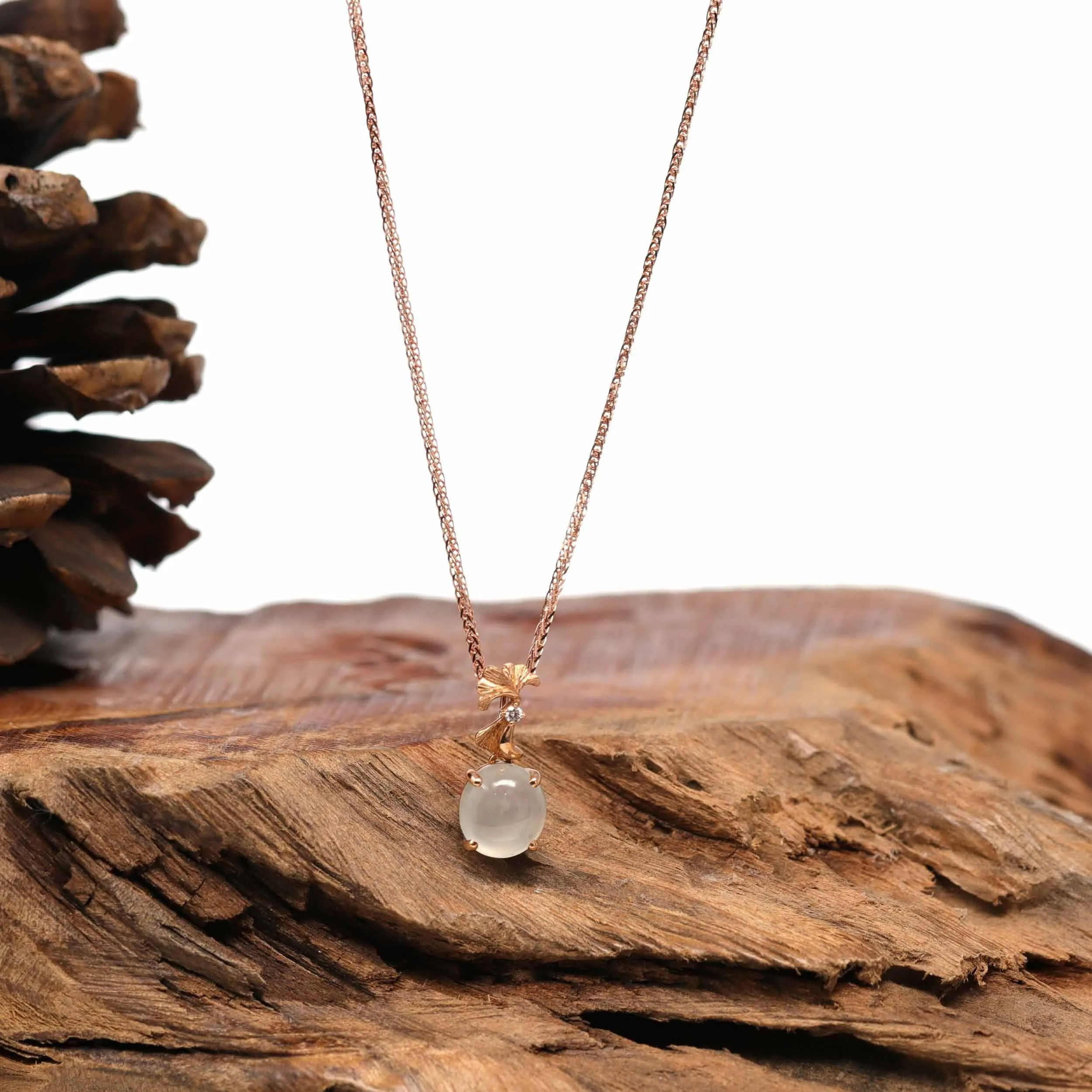 18K Rose Gold "Morning Glory" Genuine Ice Jadeite Jade Pendant with Diamonds