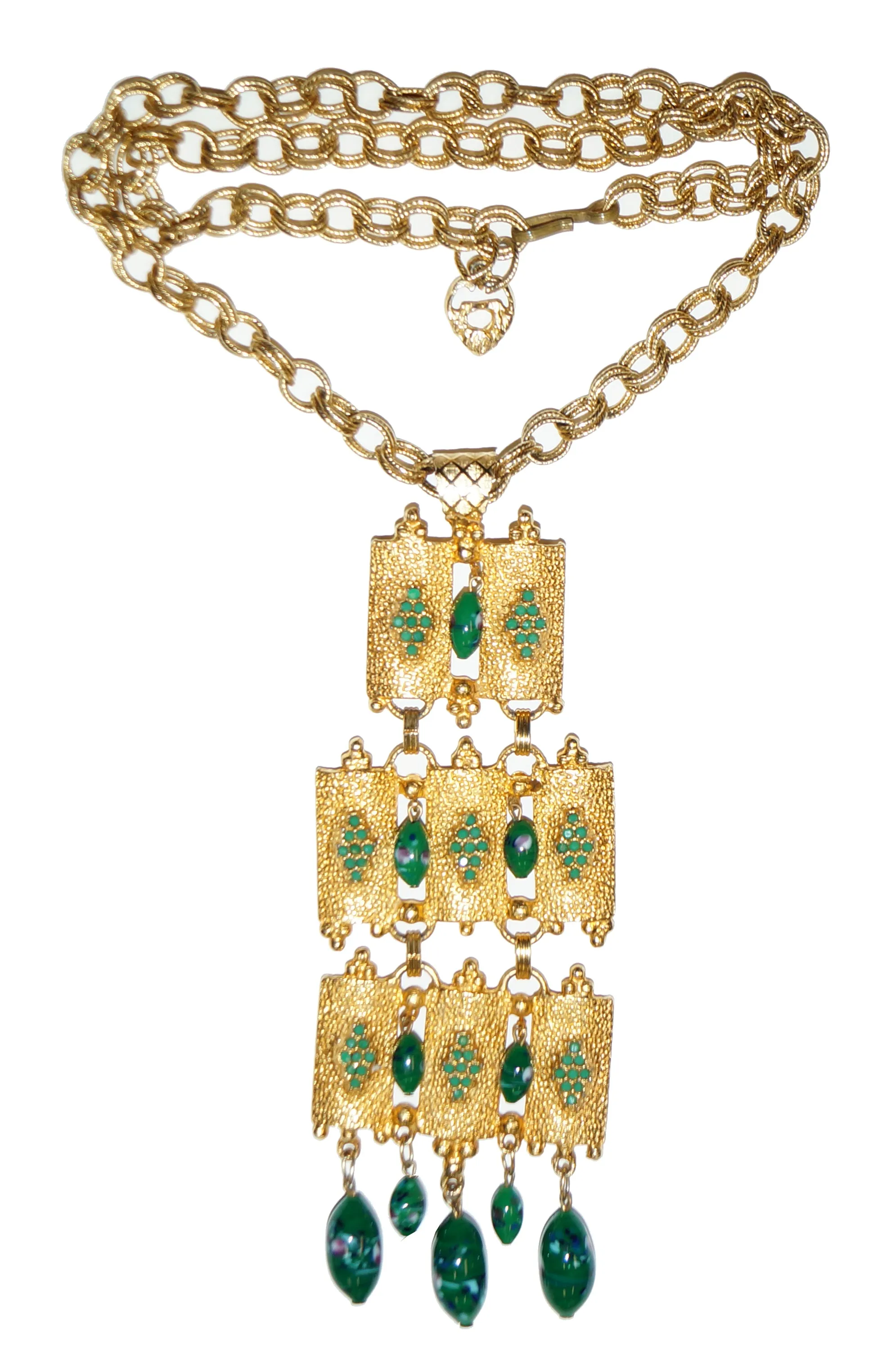 1960s Substantial Brutalist Articulated Gold Tone Jade Green Glass Necklace