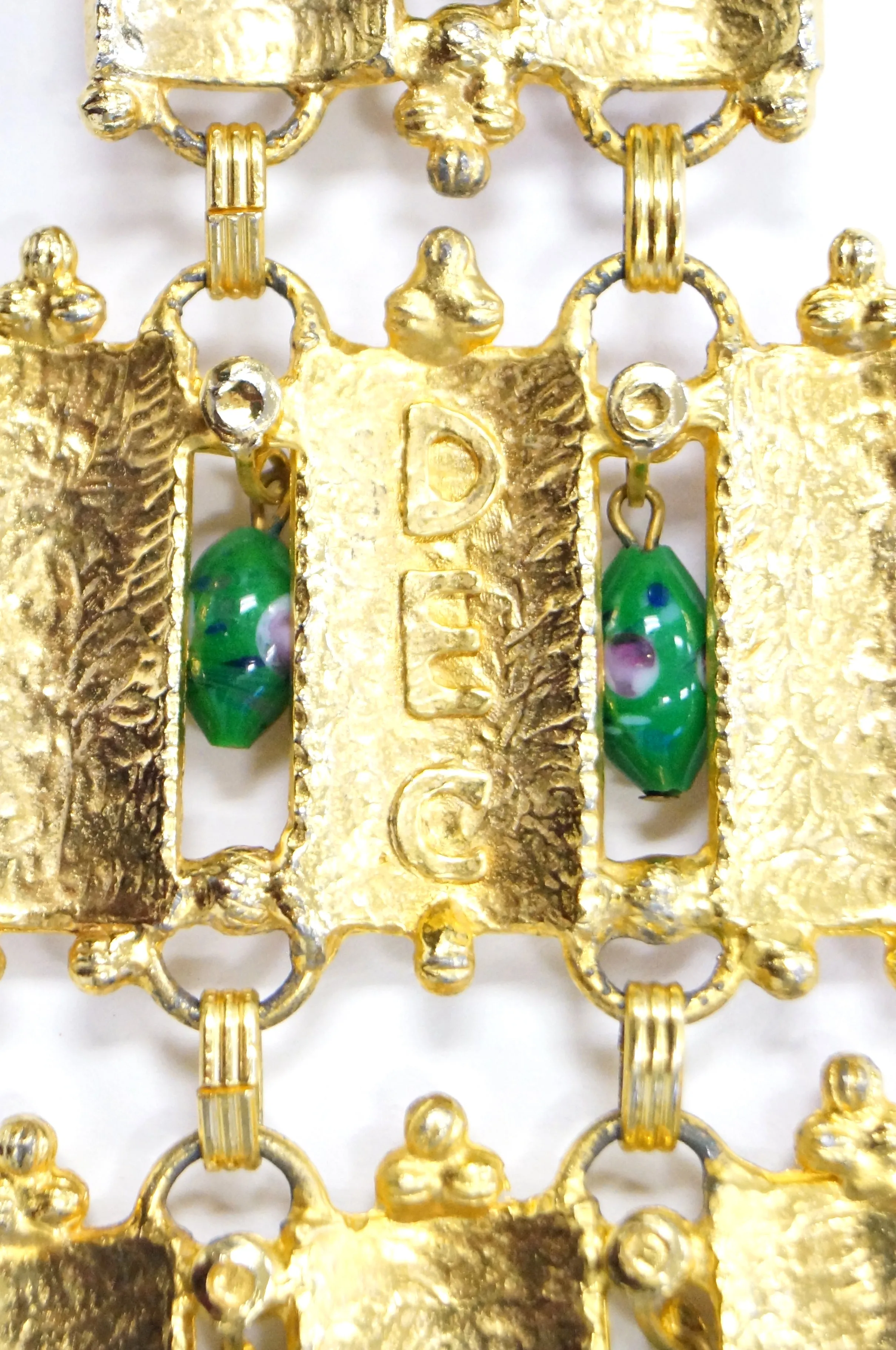 1960s Substantial Brutalist Articulated Gold Tone Jade Green Glass Necklace