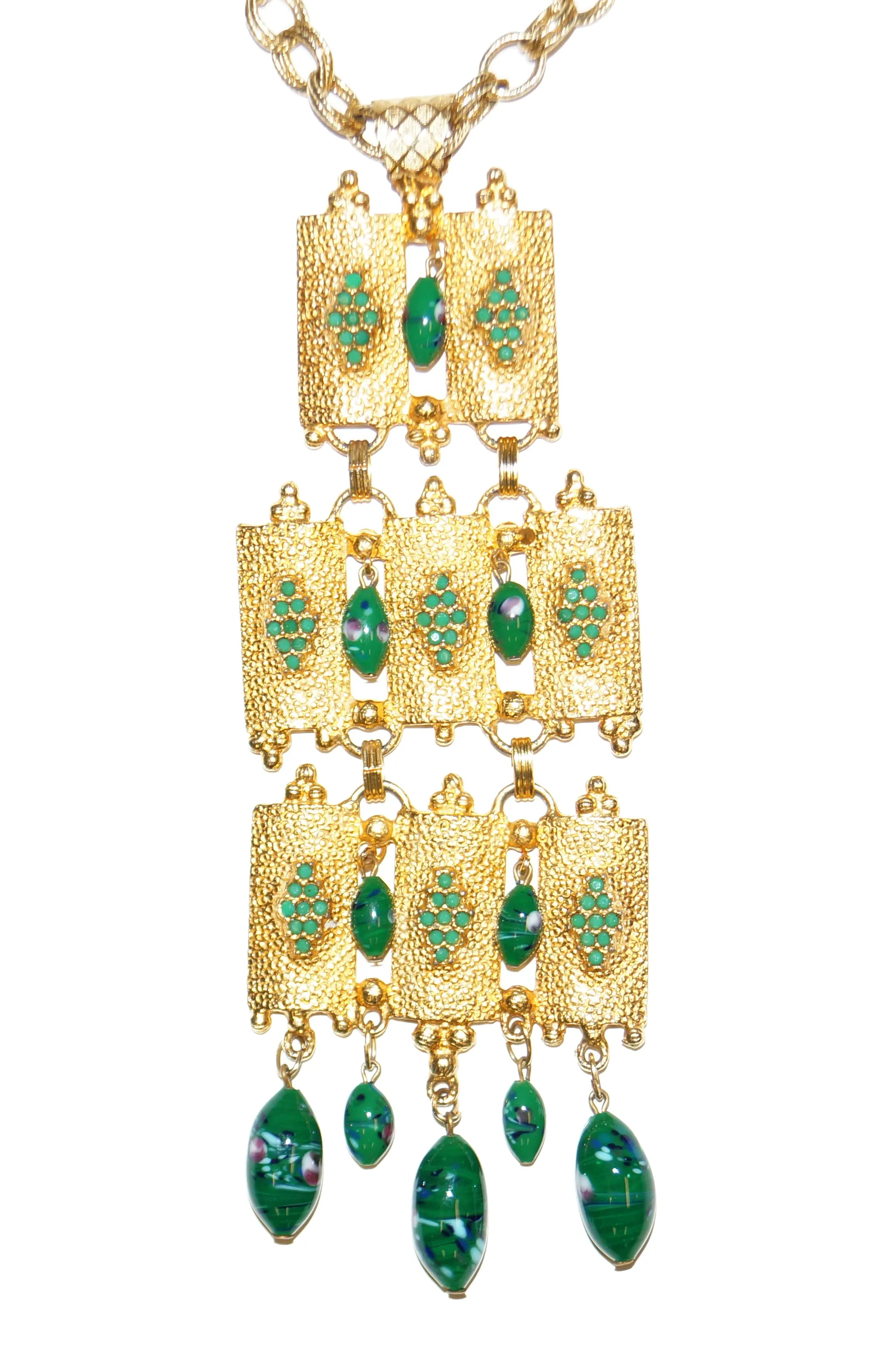 1960s Substantial Brutalist Articulated Gold Tone Jade Green Glass Necklace