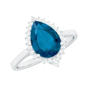 2 CT London Blue Topaz Cocktail Engagement Ring with Diamond Halo
