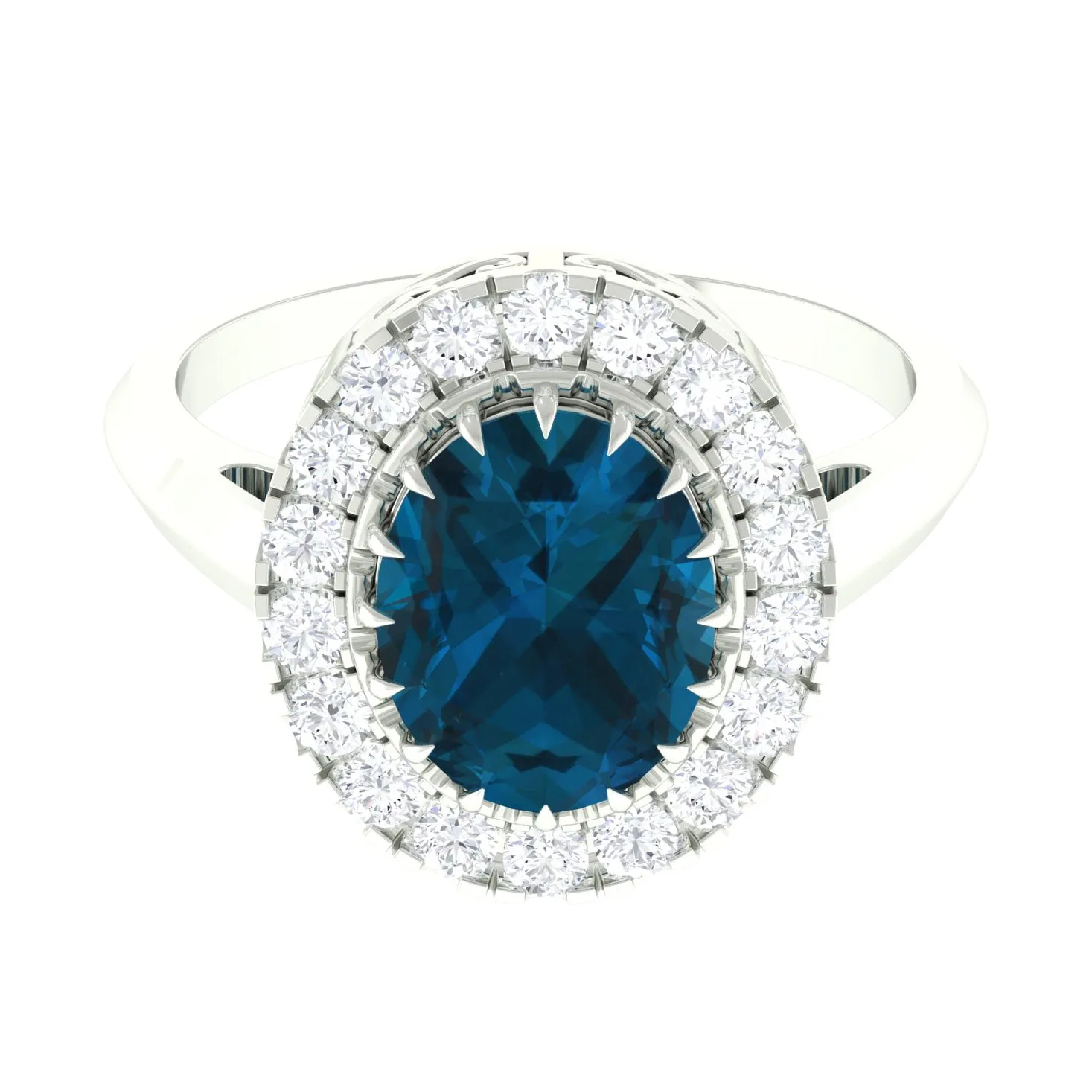 3.50 CT Vintage Claw Set London Blue Topaz Engagement Ring with Diamond Halo